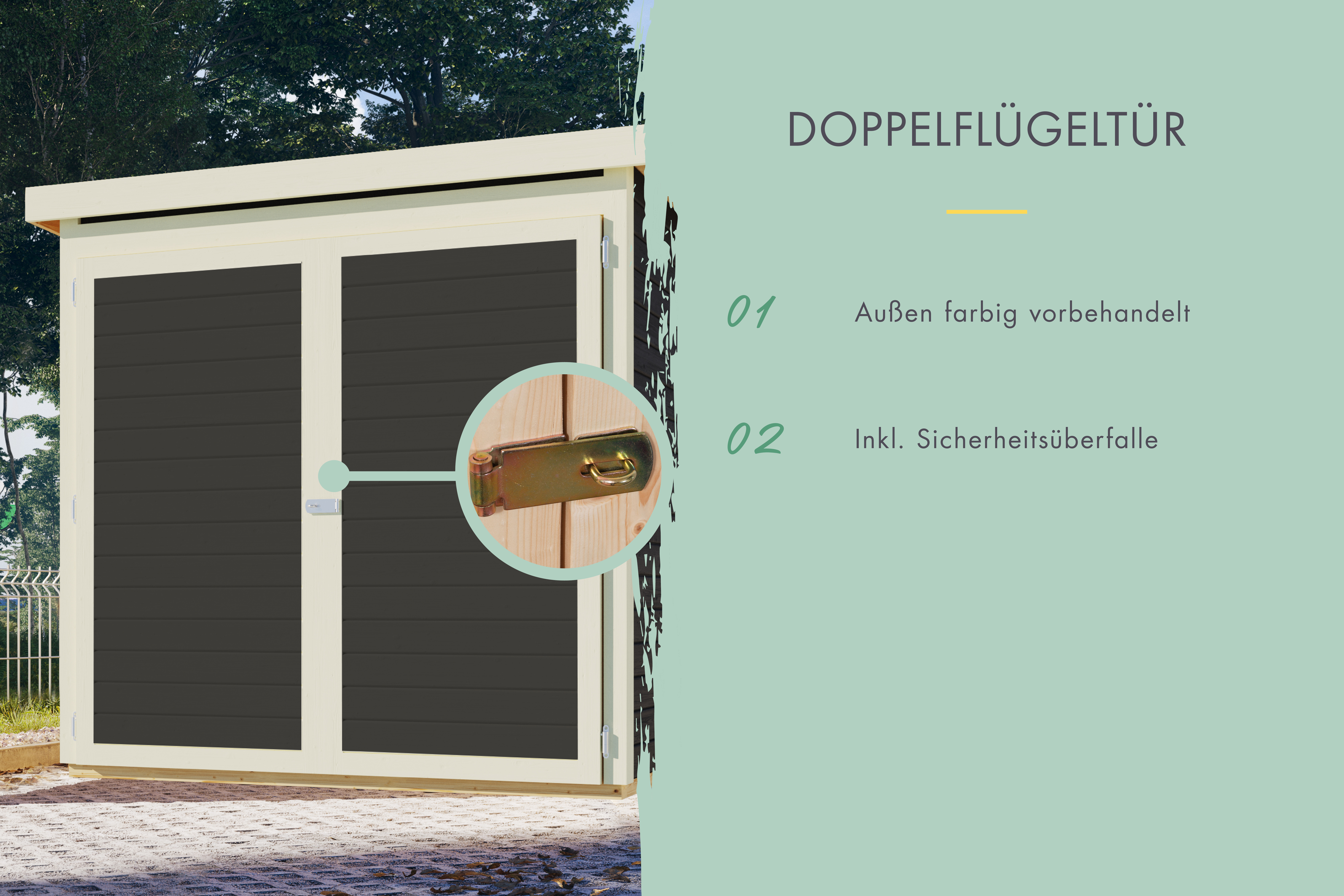 Doppelflügeltür des Karibu Fahrradschuppen Fahrradgarage 3 mit Zylinderschloss und Kunstglas