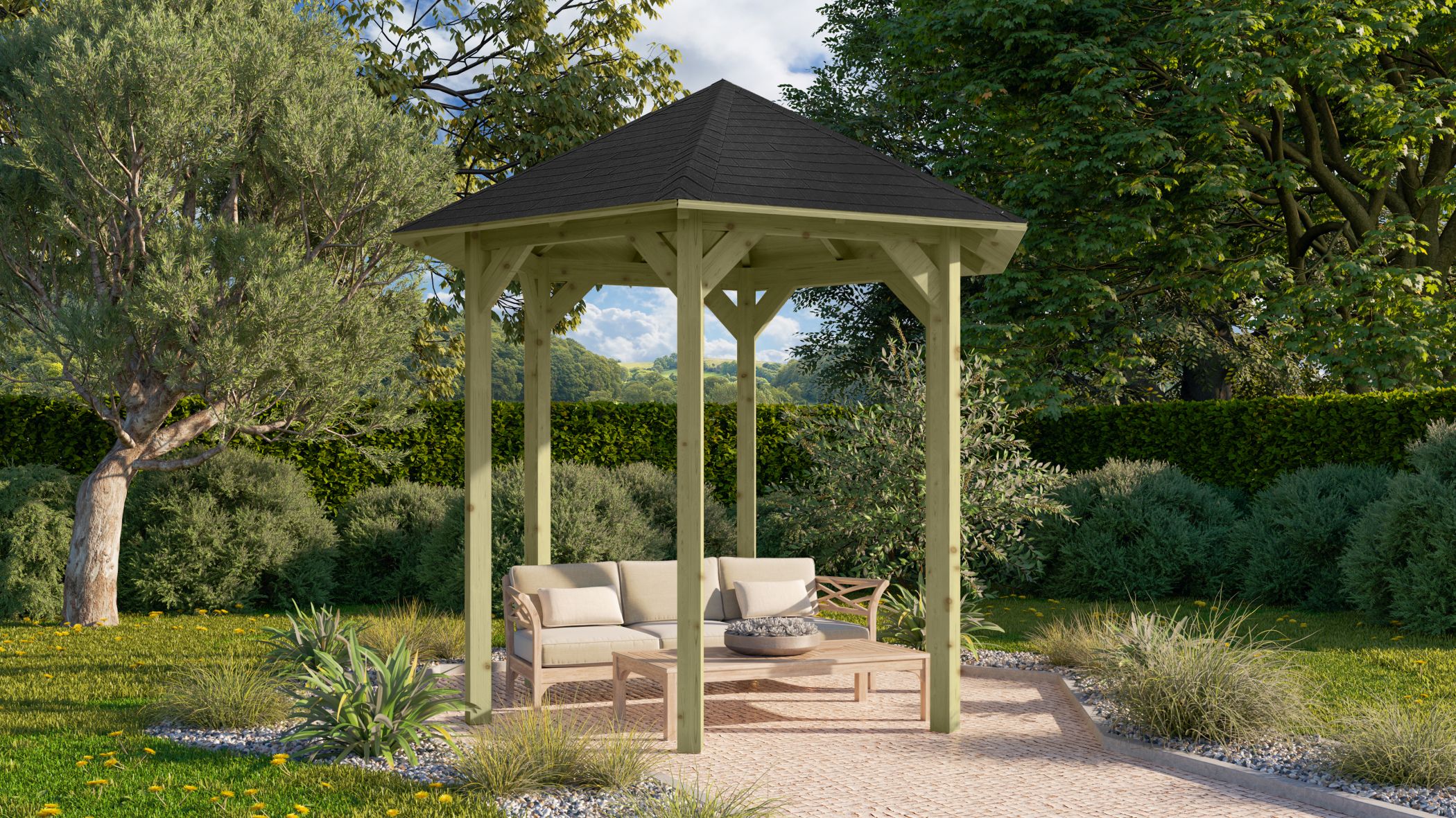 Karibu Pavillon Lissabon aus KDI-Massivholz mit Walmdach im Garten als Ambiente-Ansicht