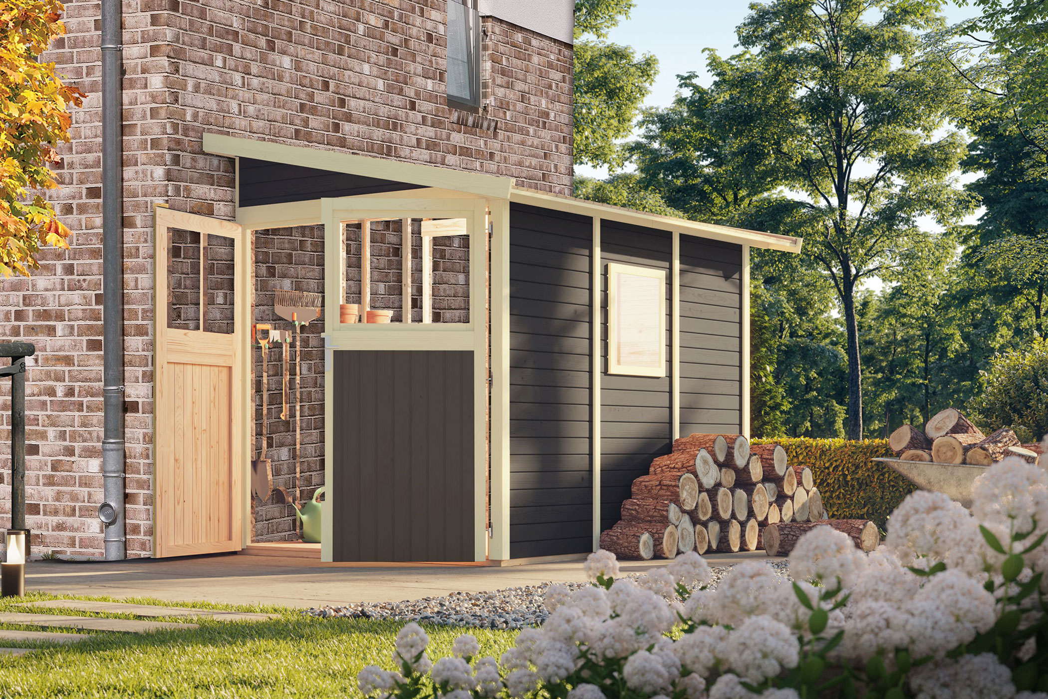 Karibu Gerätehaus Wandlitz 3 in Terragrau im Garten