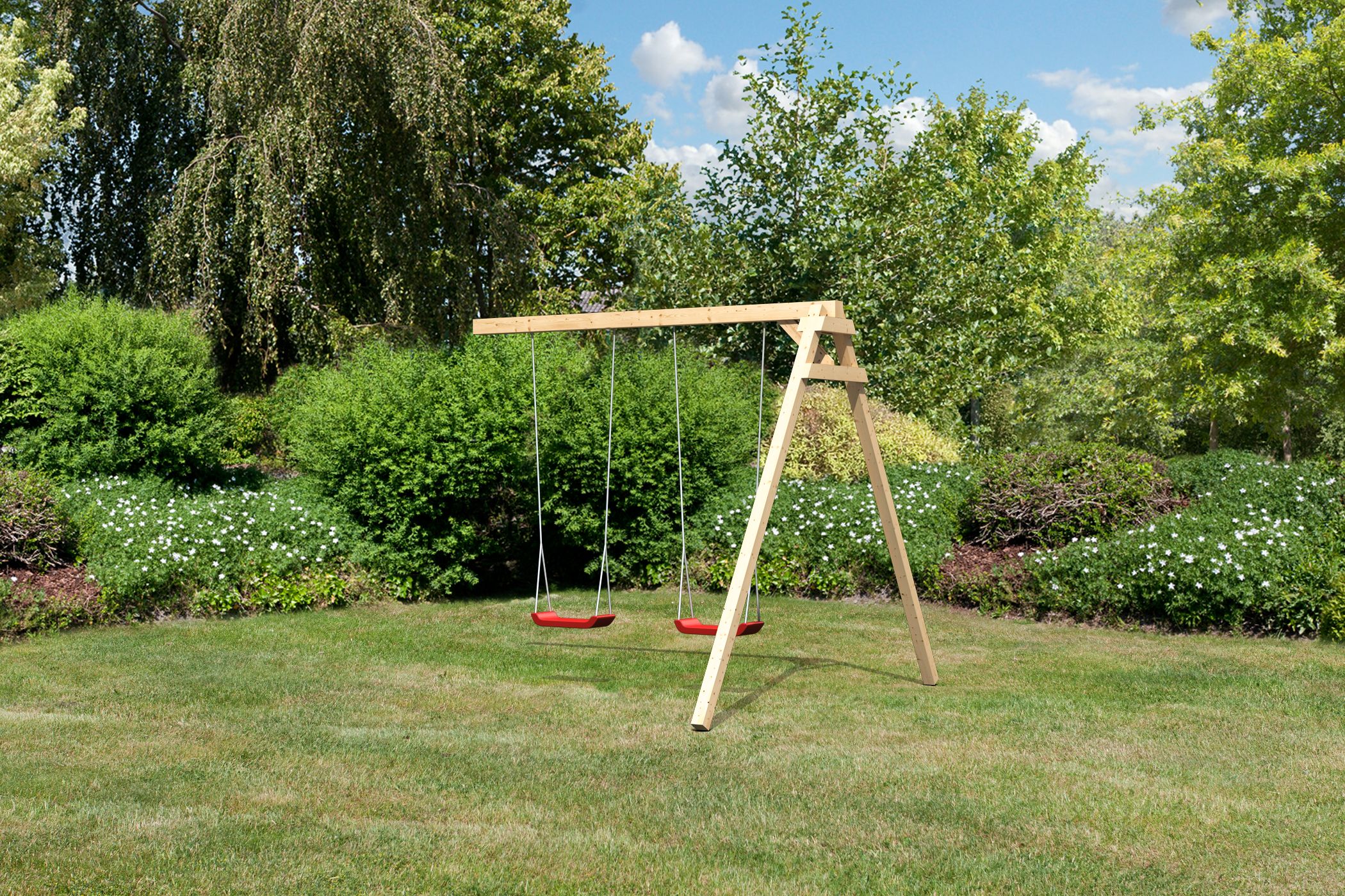 Karibu Doppelschaukelanbau für unsere Spieltürme aus Holz, im Garten aufgebaut