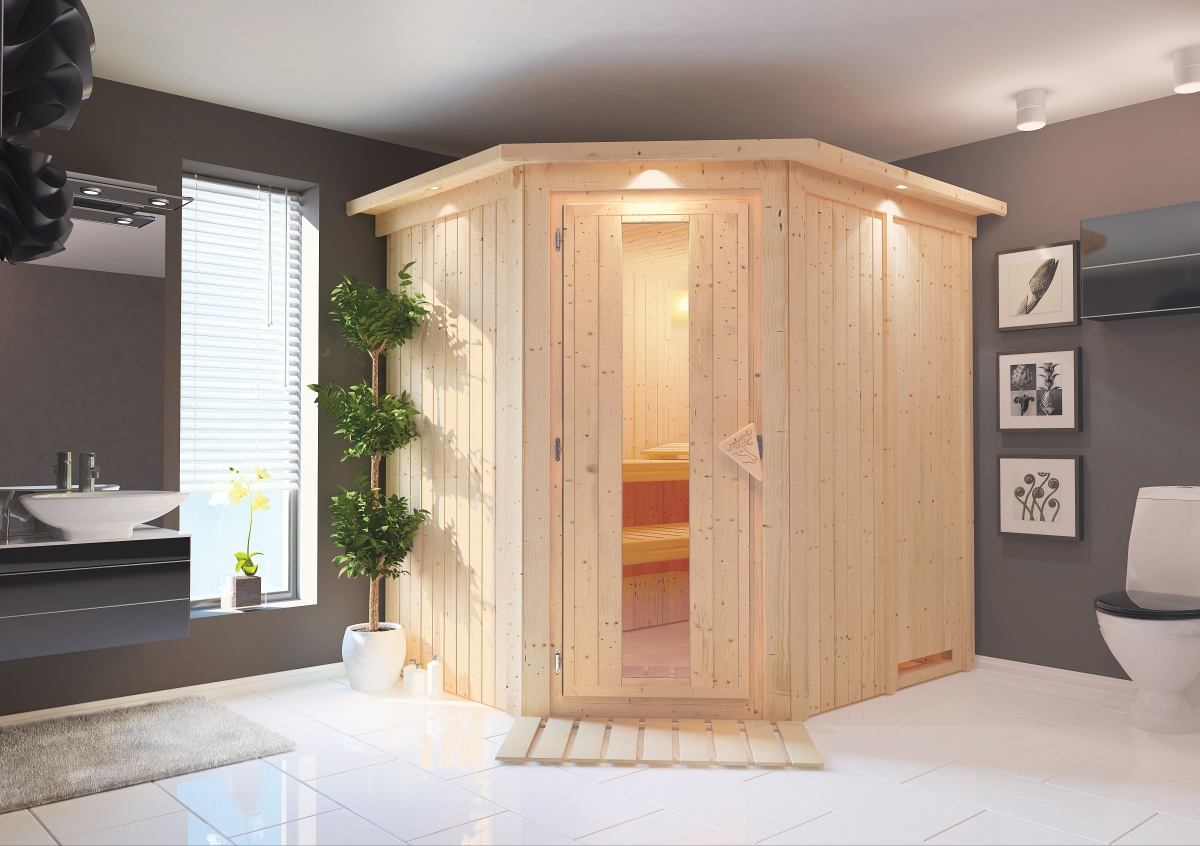 Karibu Sauna Lilja als hochwertige Sauna aus nordischer Fichte im Wohnraum-Ambiente