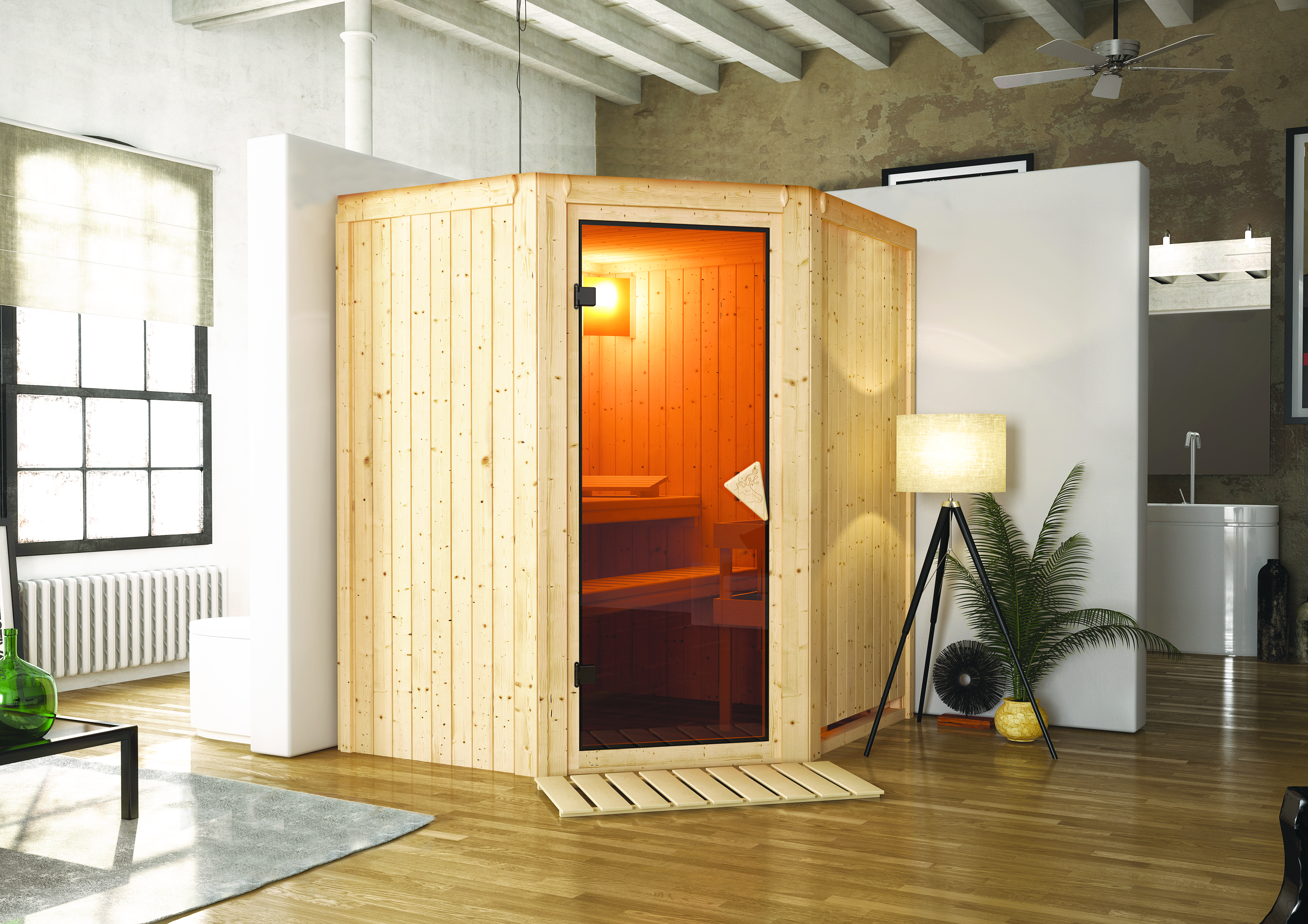 Karibu Sauna Taurin als stimmungsvoller Wellnessbereich in einem modern eingerichteten Wohnraum