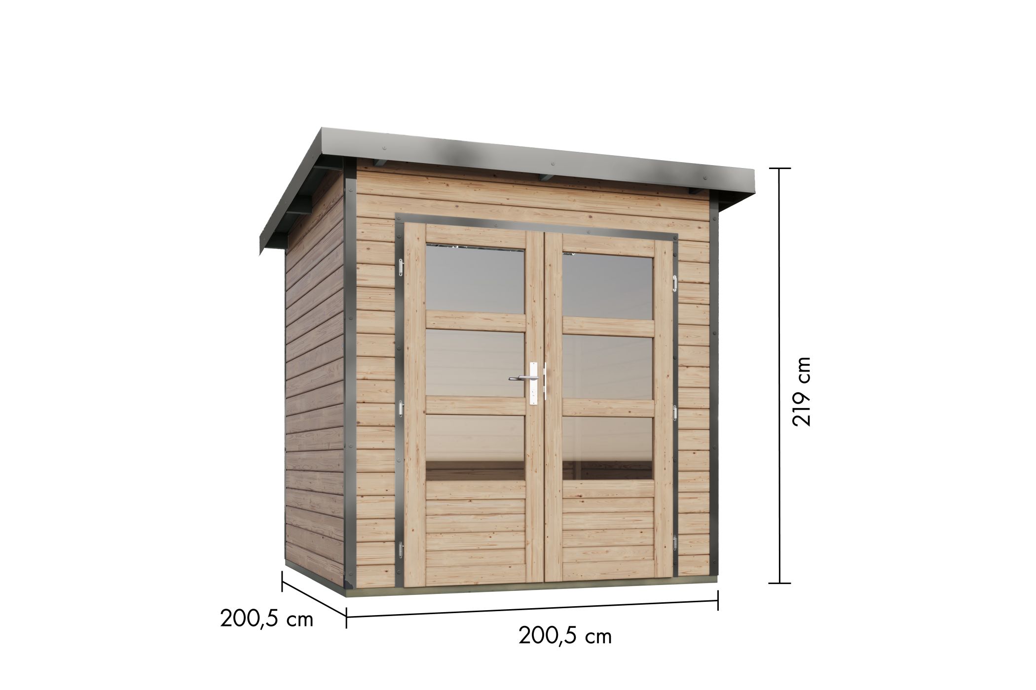 Bemaßte Maßzeichnung des Karibu Gartenhaus Holz & Metall Pluto 1, 200 × 200 cm
