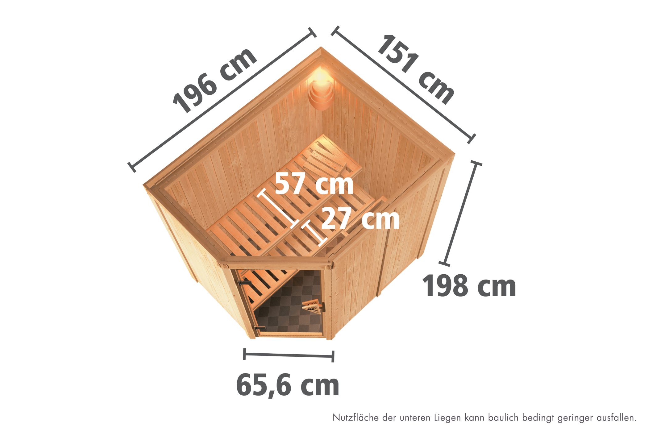 Maßzeichnung der Karibu Sauna Sitka Basismodell mit Außenmaß 165 × 210 cm und Höhe 202 cm