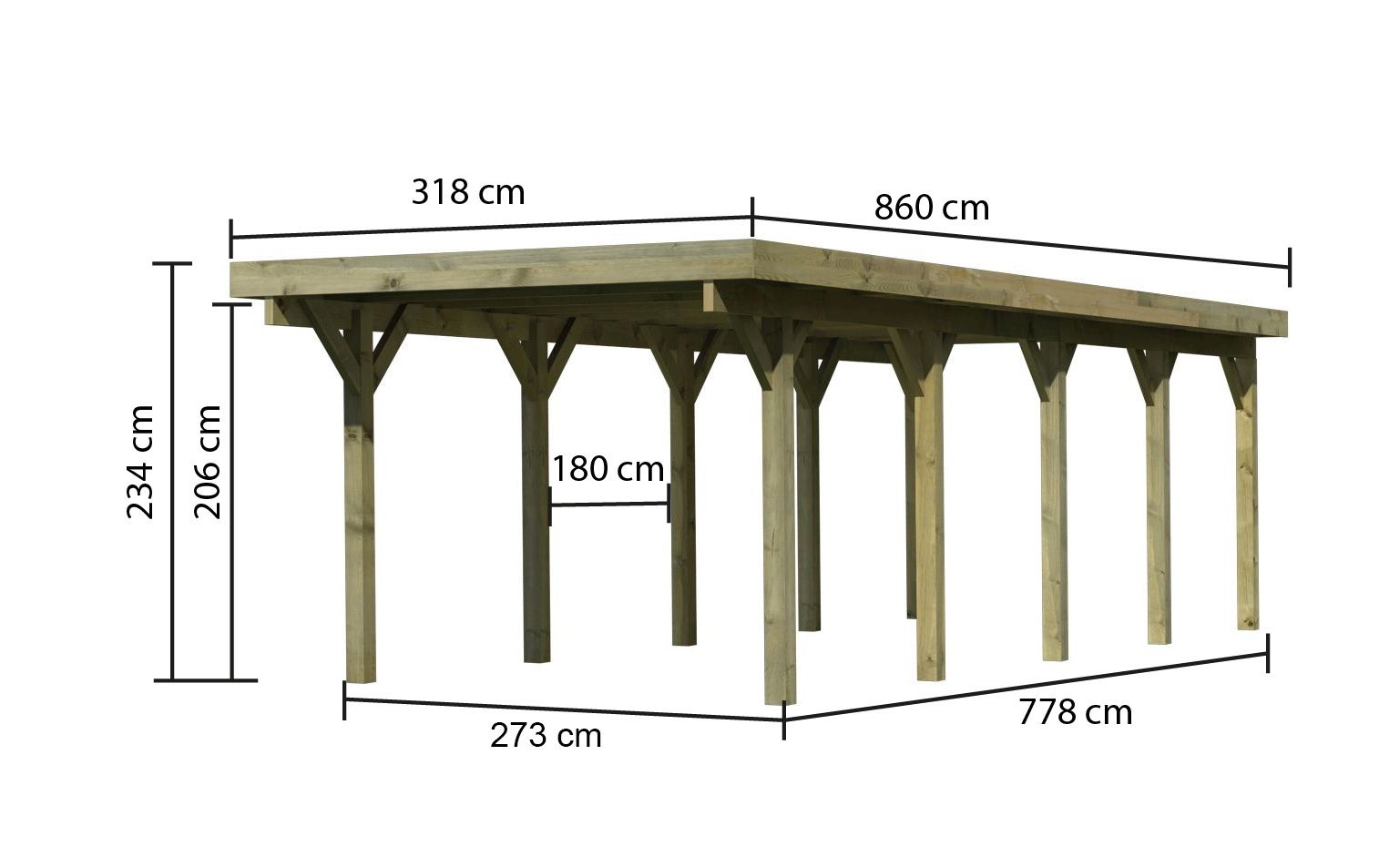 Karibu Einzelcarport Classic 3 aus KDI-Massivholz mit Flachdach im Garten aufgebaut