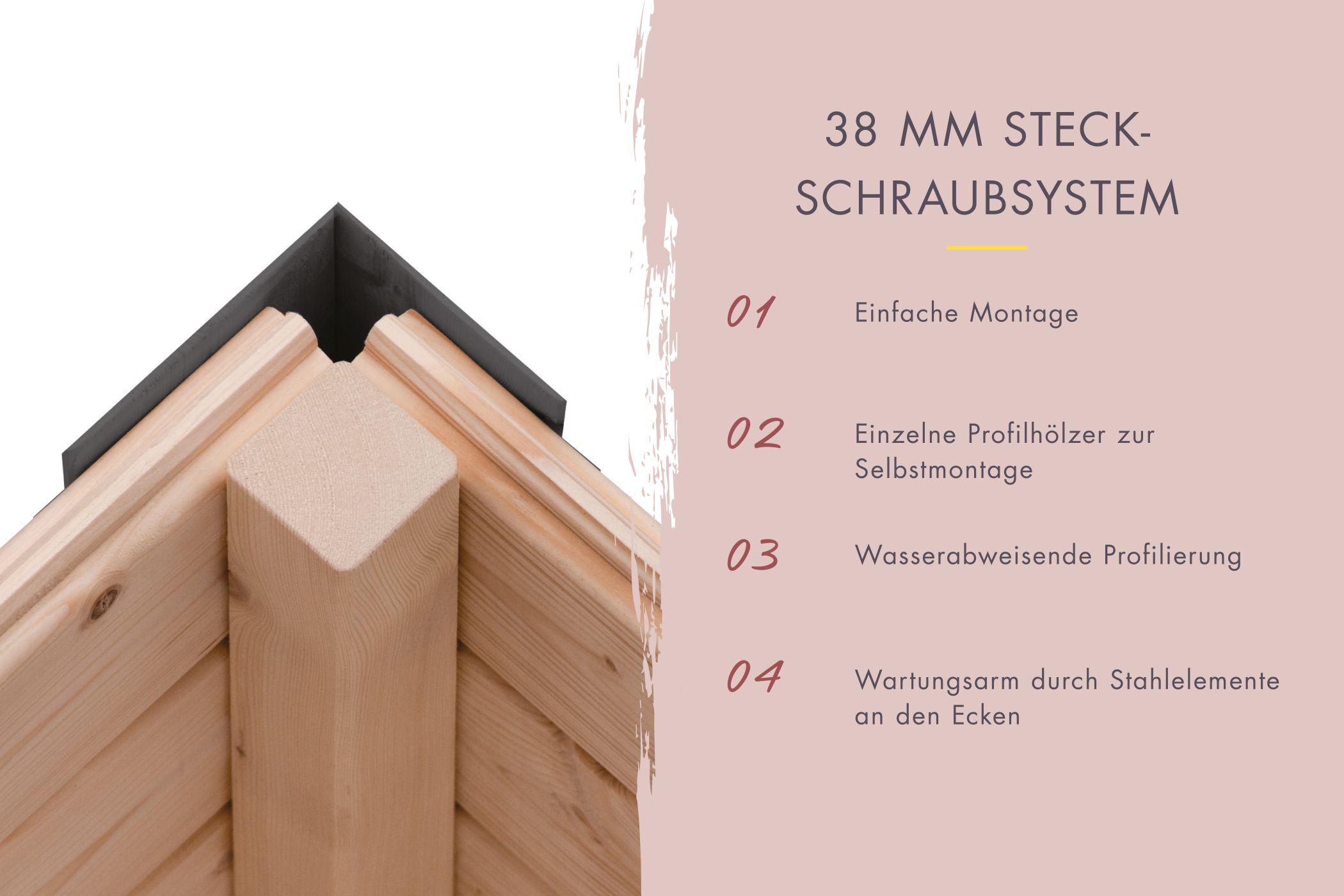 Massivholz-Bauweise der Karibu Gartensauna aus 38 mm Wandstärke mit doppelter Nut-und-Feder-Verbindung