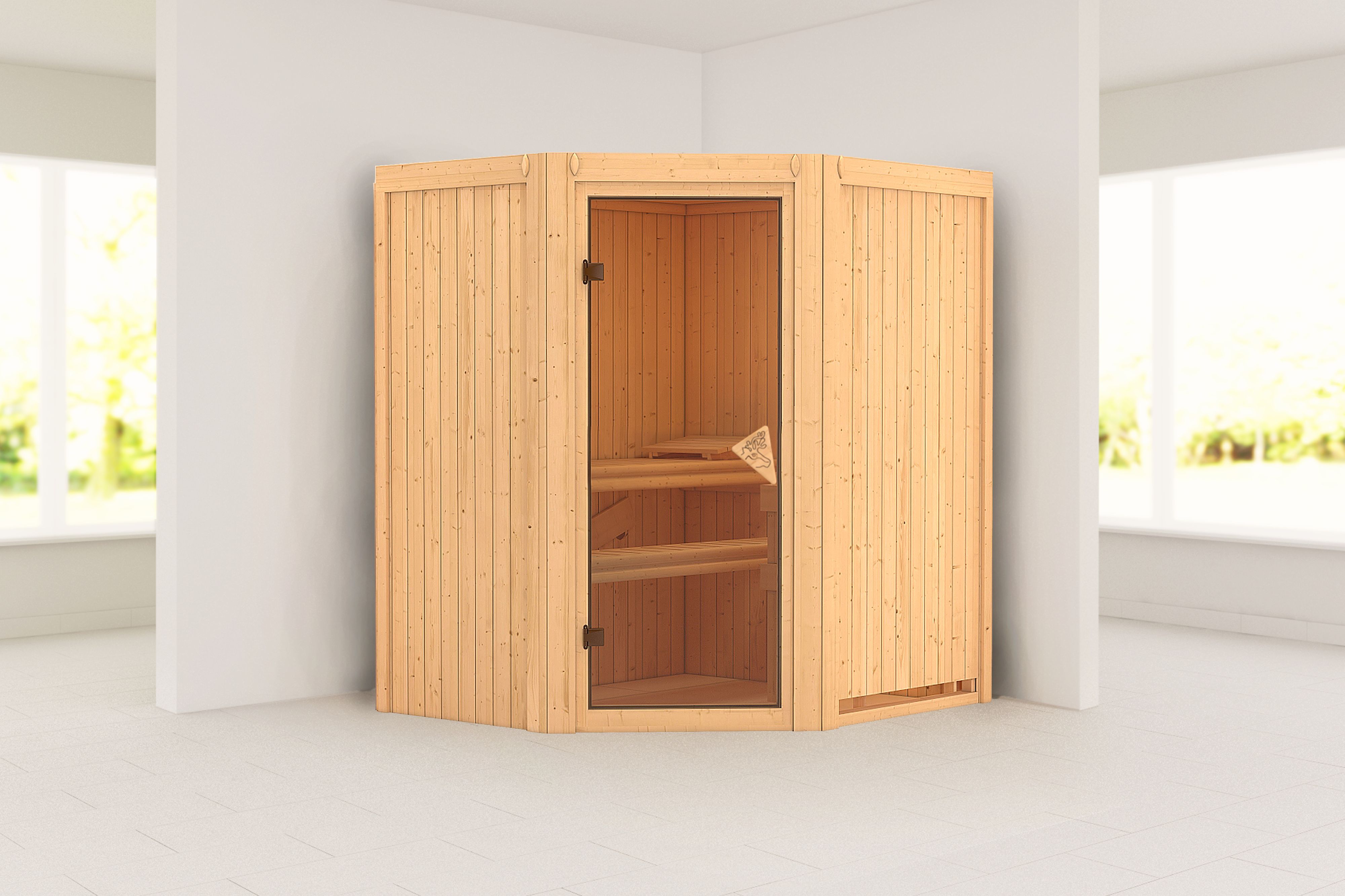 Außenansicht der Karibu Sauna Taurin aus nordischer Fichte mit bronzierter Ganzglastür und Fronteinstieg