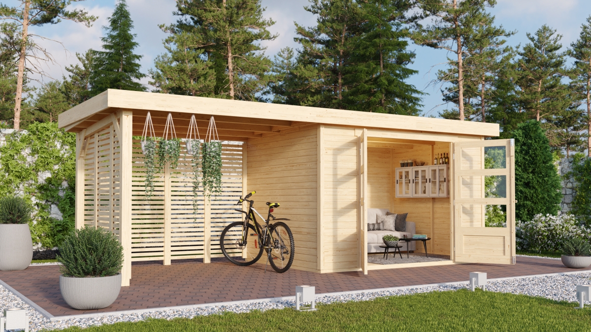 Karibu Gerätehaus Askola 4 in Naturbelassen und Anbaudach im Garten