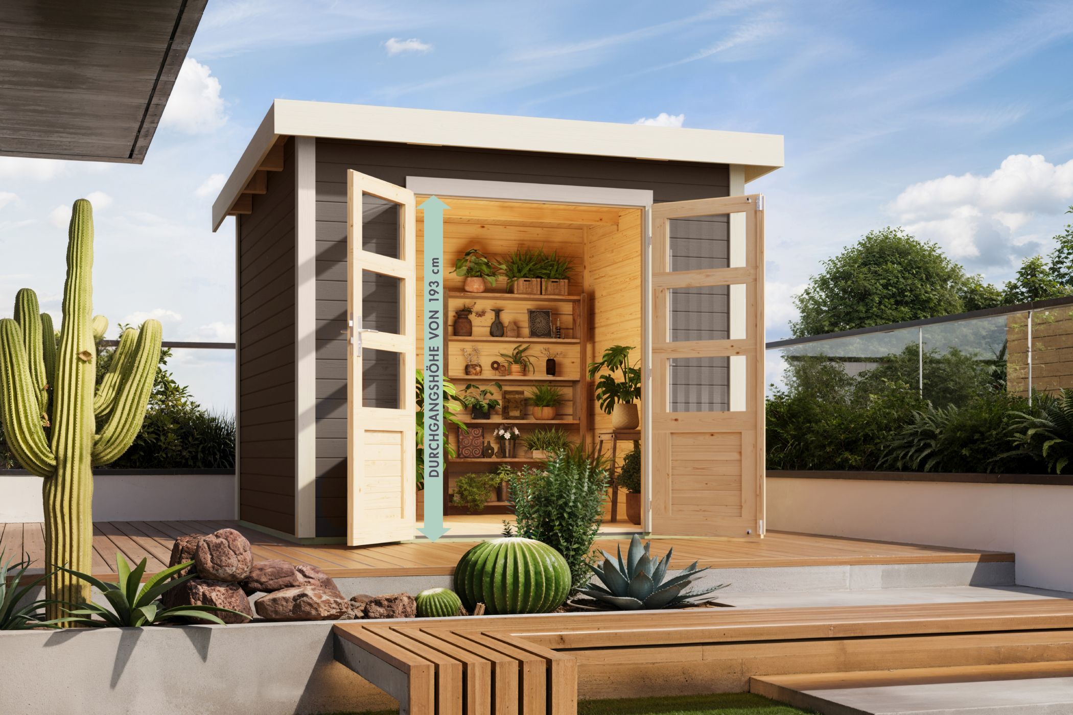 Karibu Gartenhaus Kolbin 6 XXL (Extra hohe Tür) in Naturbelassen im Garten