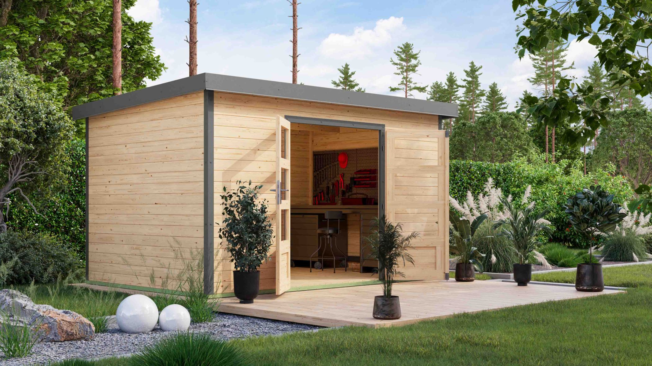 Karibu Gartenhaus Holz & Metall Pluto 7 in Naturbelassen mit Metall in Graualuminium im Garten