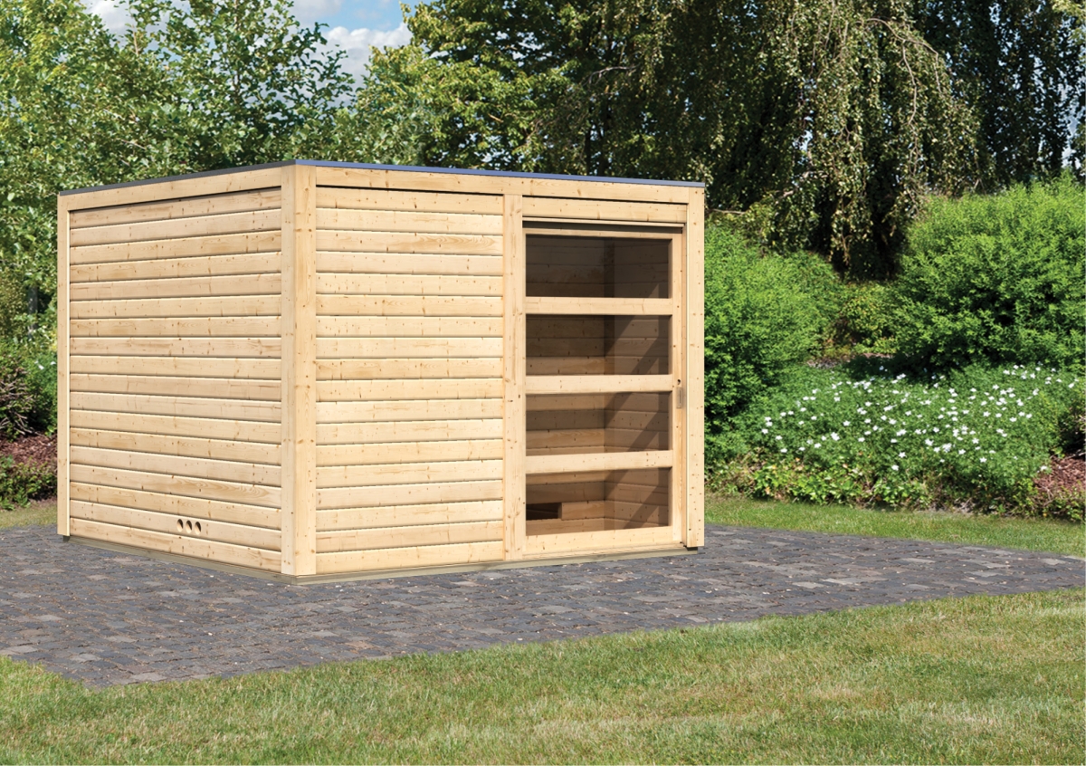 Karibu Saunahaus Cuben mit Vorraum als Gartensauna aus Massivholz im Garten mit Glasfront