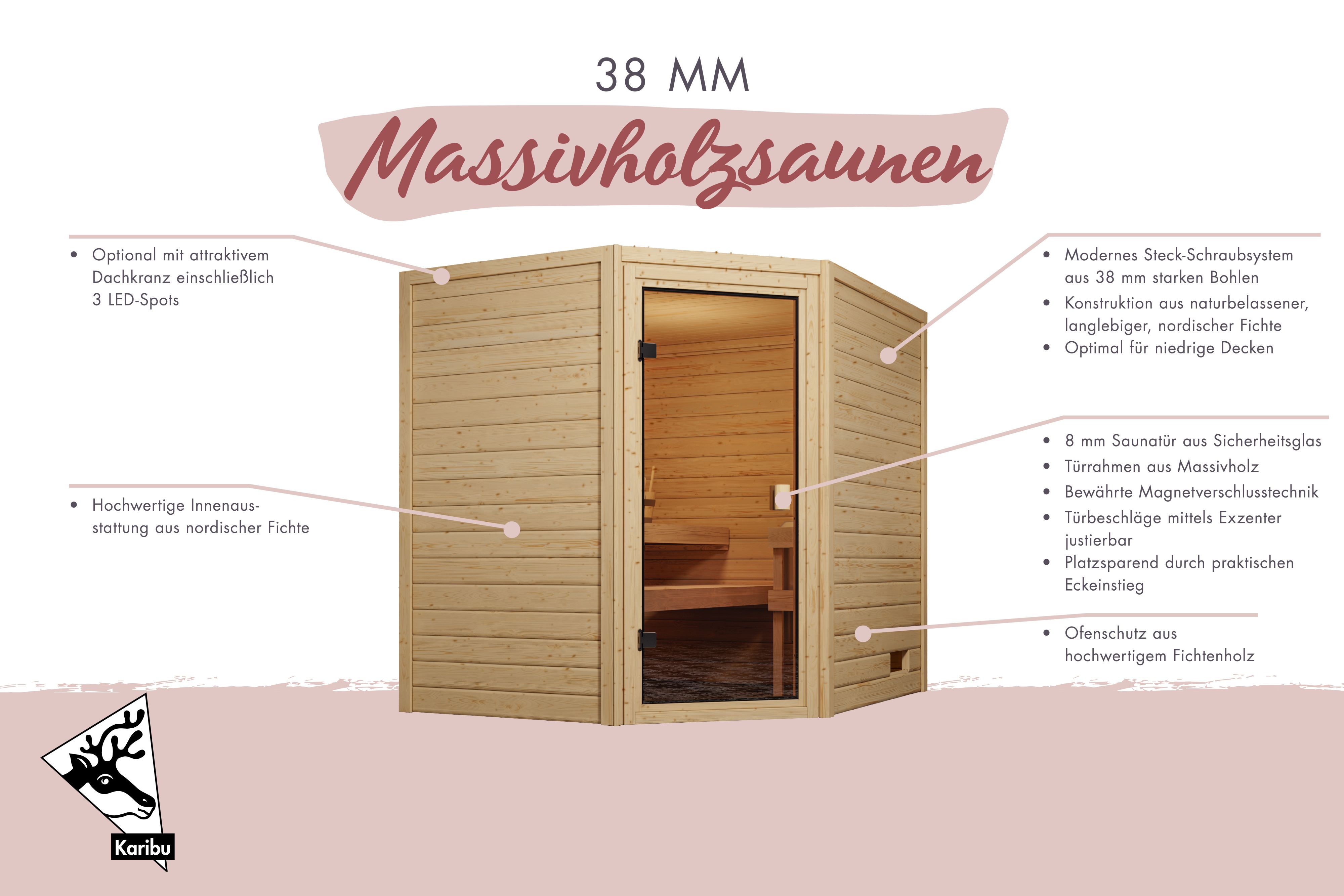 Außenansicht der Karibu Sauna Valida 3 Eckeinstieg aus nordischer Fichte mit Ganzglastür und Fronteinstieg