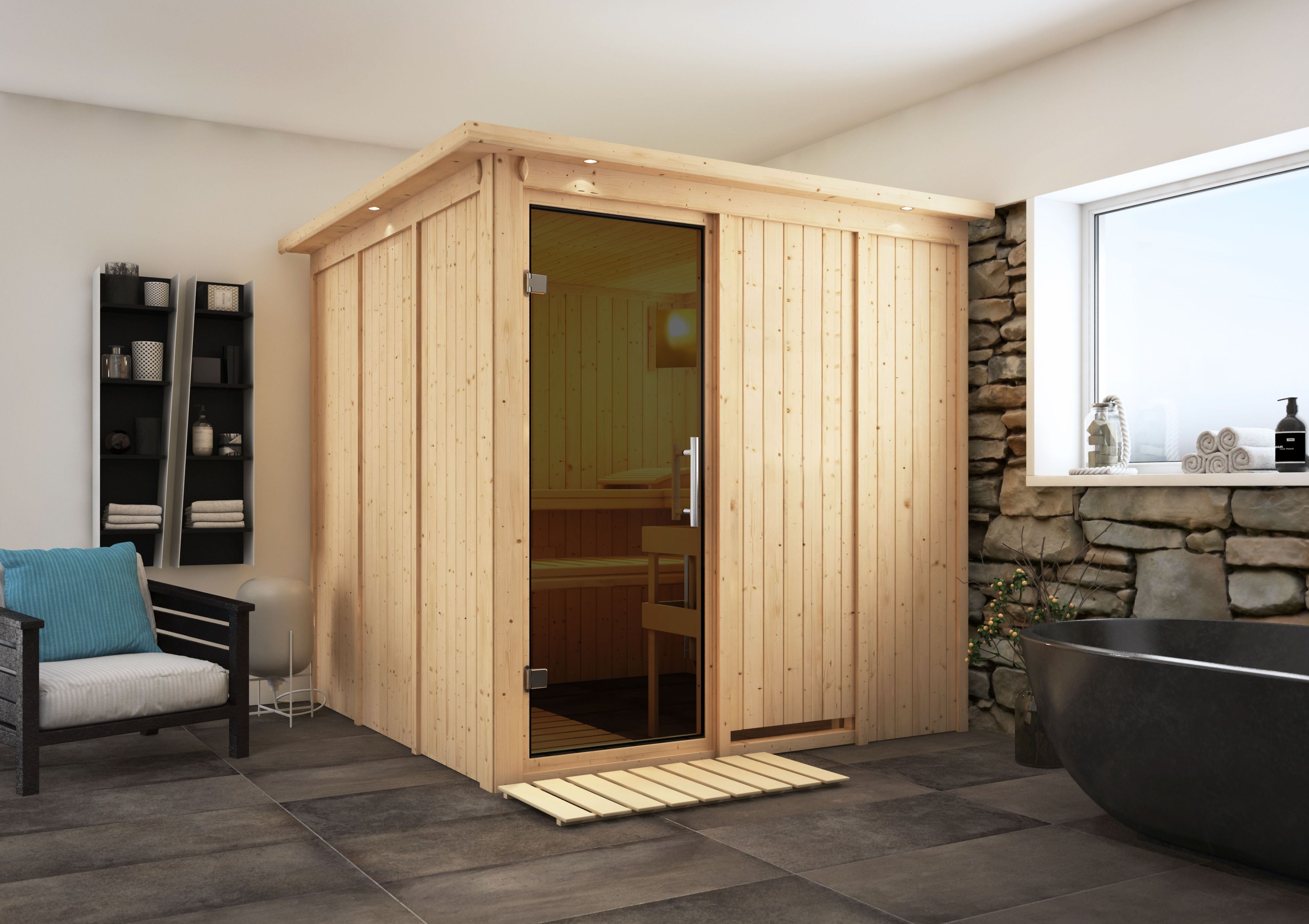 Karibu Sauna Rodin als hochwertige Sauna aus nordischer Fichte im Wohnraum-Ambiente