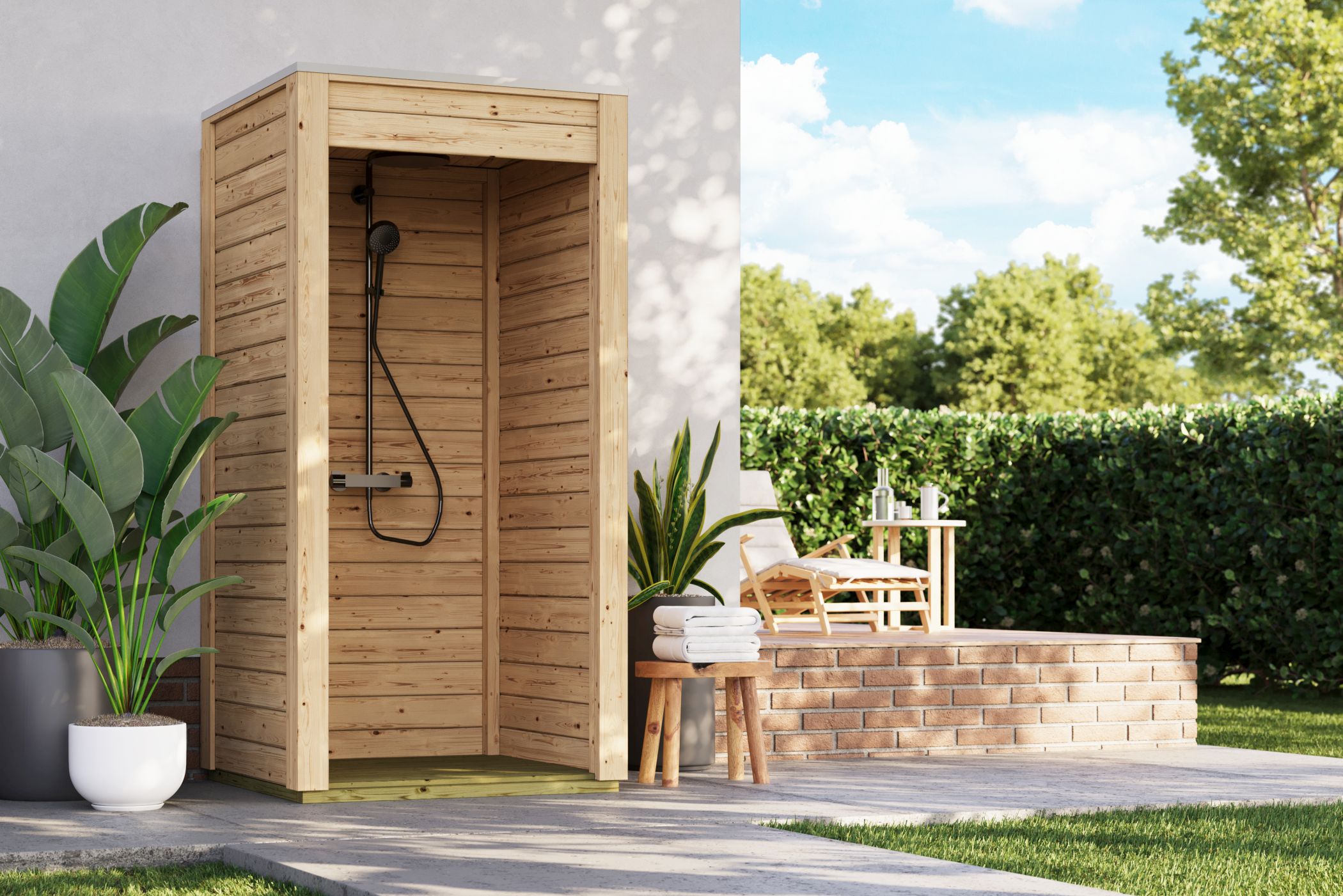 Karibu Outdoordusche, im Garten aufgebaut