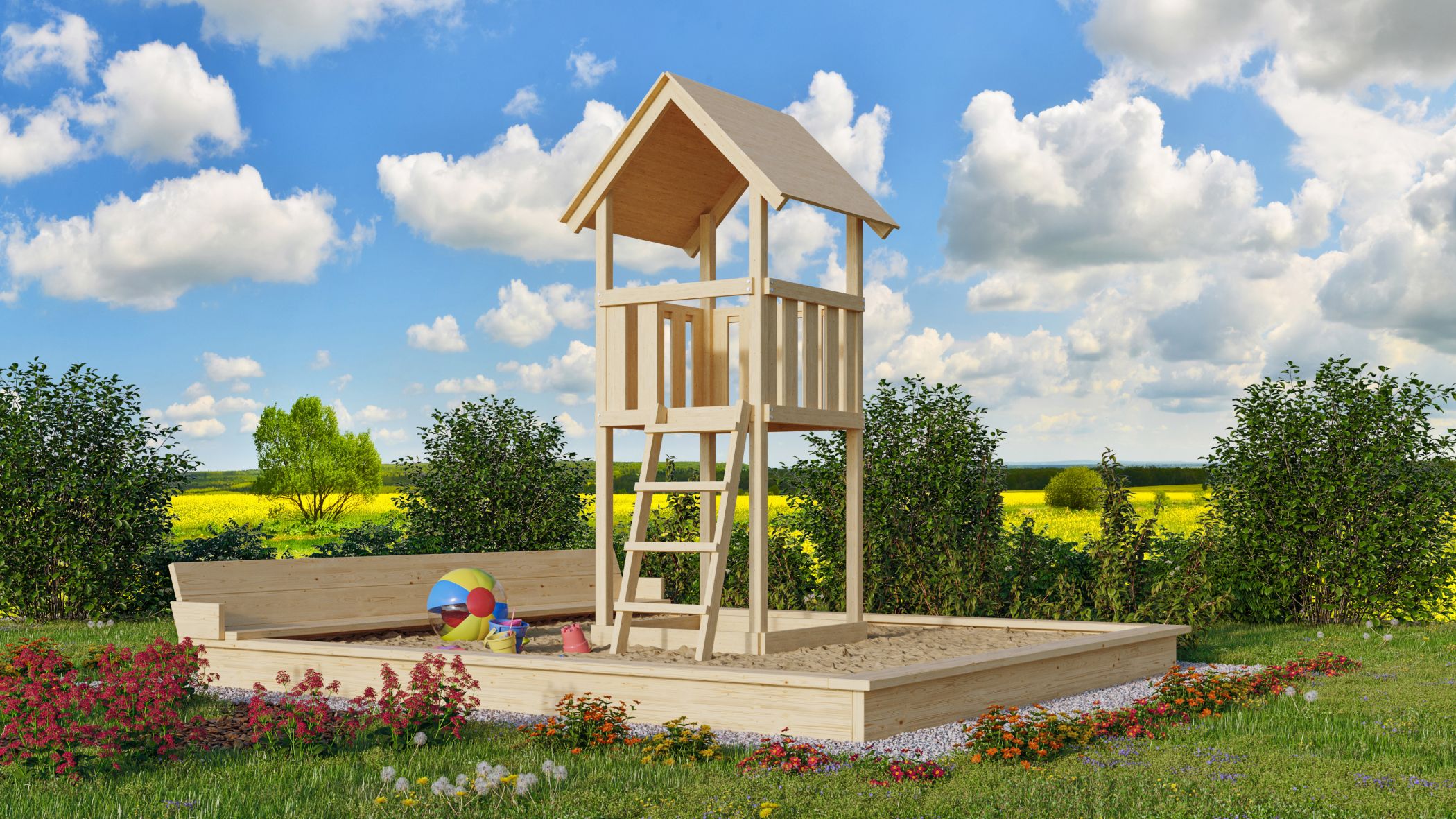 AKUBI Spielturm Lotti als komplette Spielanlage mit Wellenrutsche und Schaukel im Garten