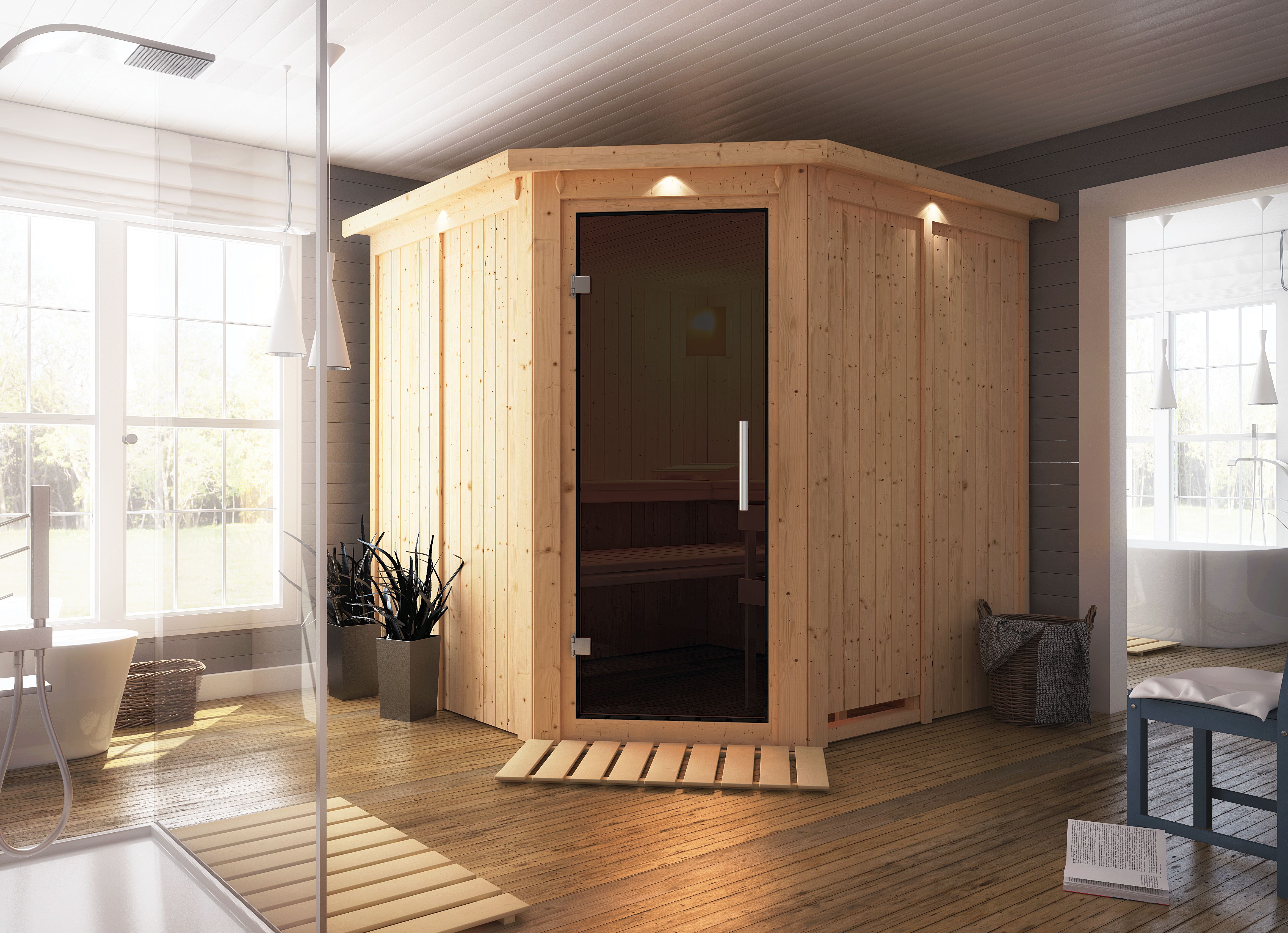 Karibu Sauna Jarin als stimmungsvoller Wellnessbereich in einem modern eingerichteten Wohnraum