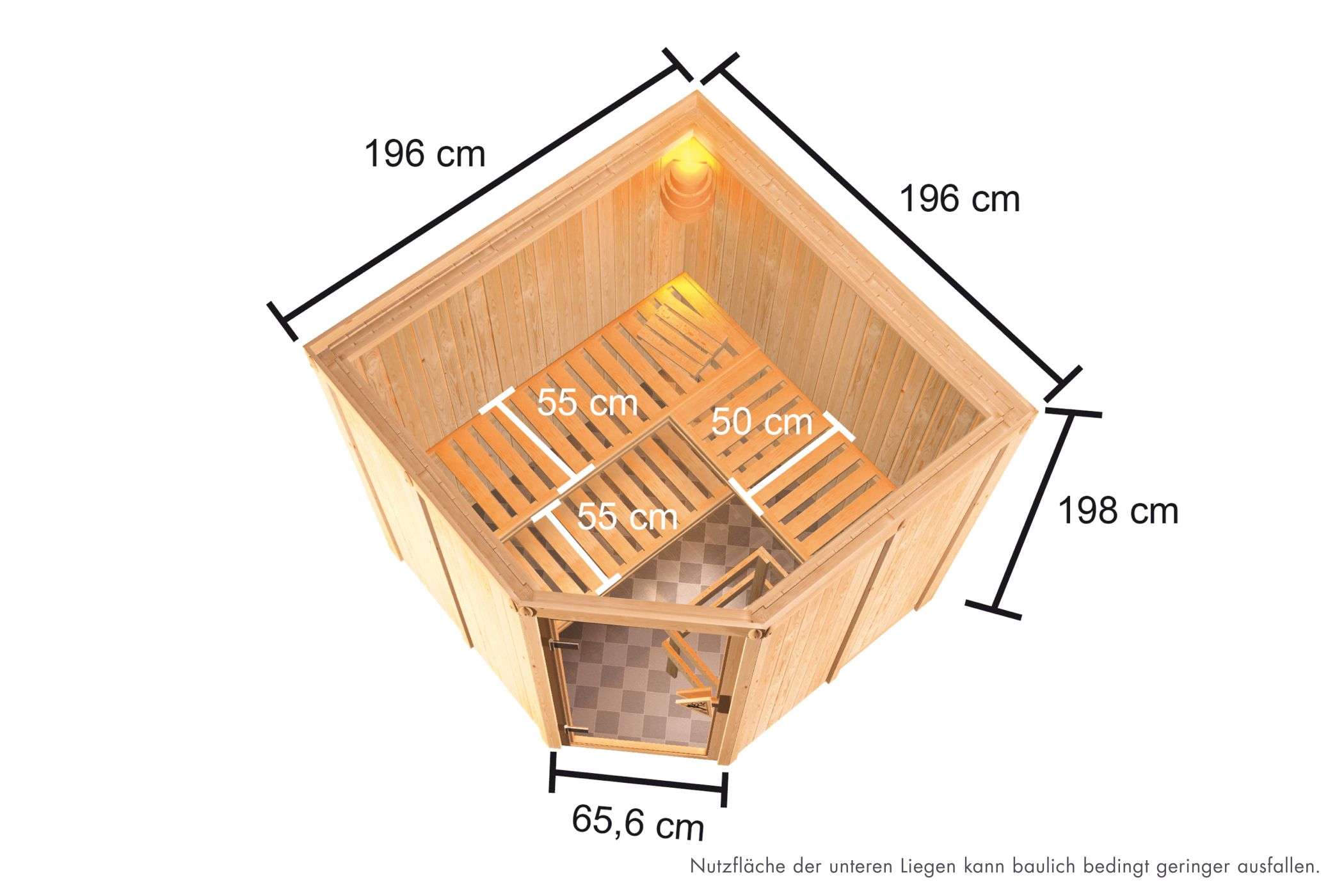 Maßzeichnung der Karibu Sauna Kotka mit Außenmaß 196 × 196 cm und Höhe 198 cm