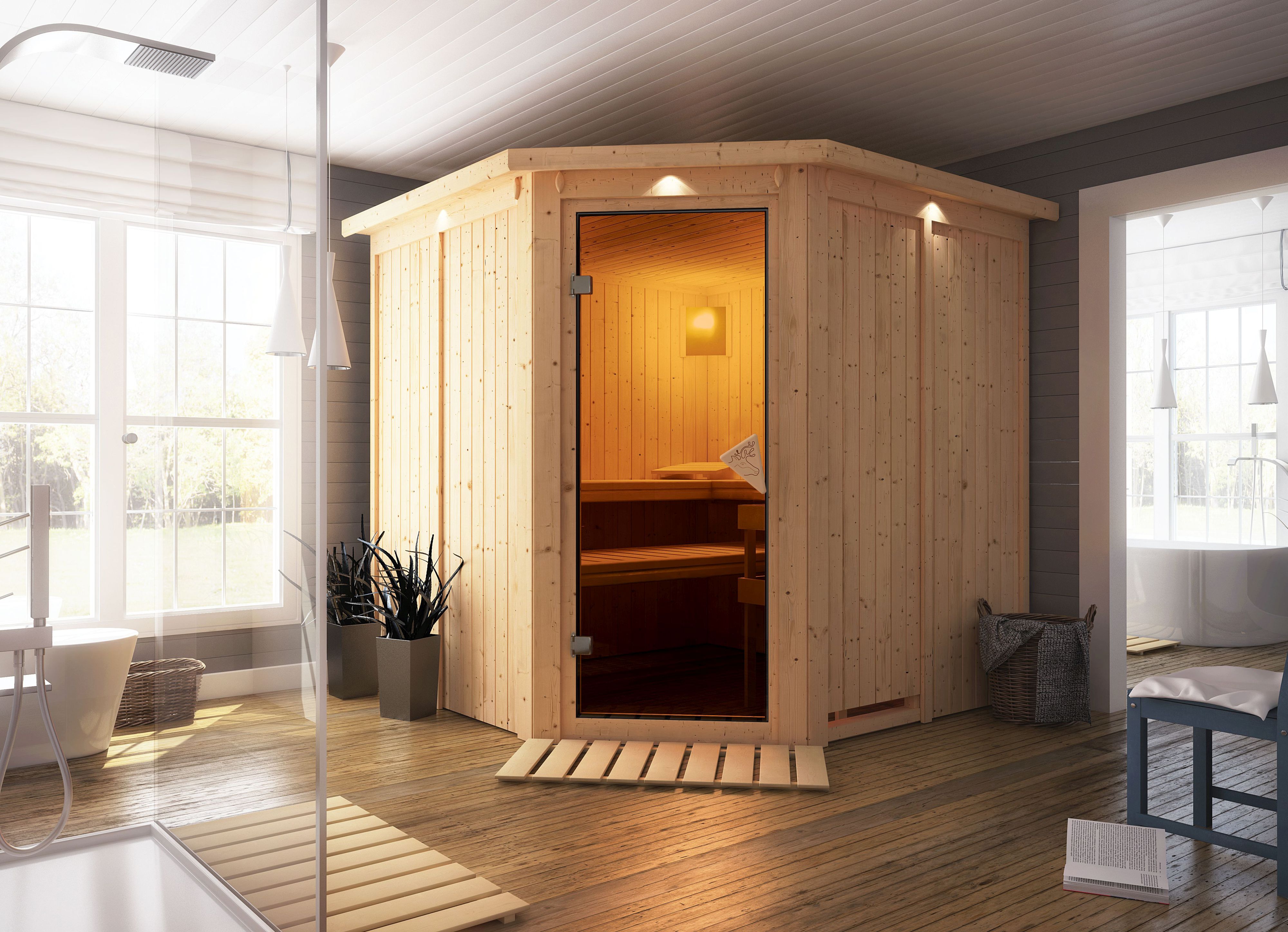 Karibu Sauna Jarin als hochwertige Sauna aus nordischer Fichte im Wohnraum-Ambiente