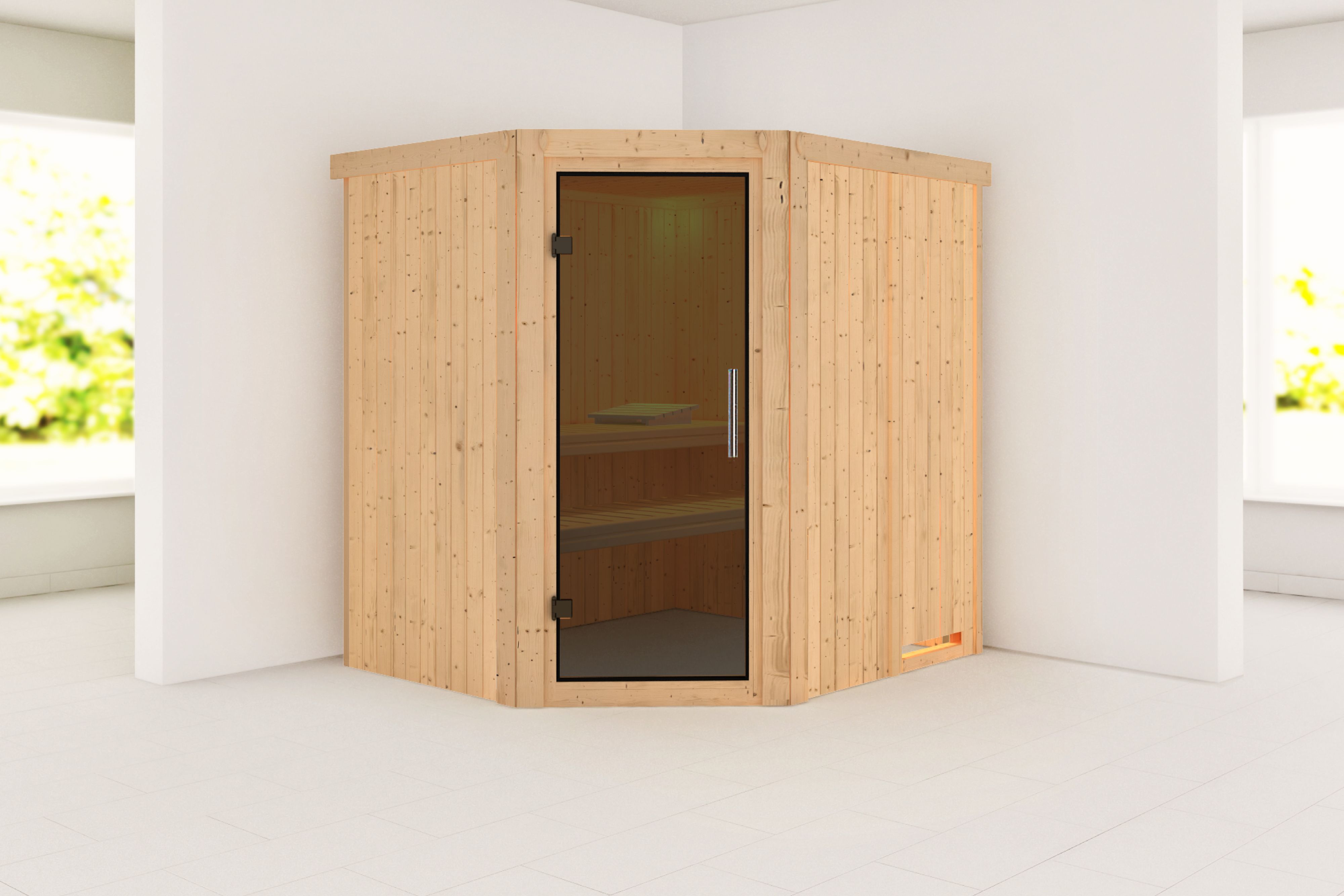 Außenansicht der Karibu Sauna Siirin aus nordischer Fichte mit graphitfarbener Ganzglastür und Fronteinstieg