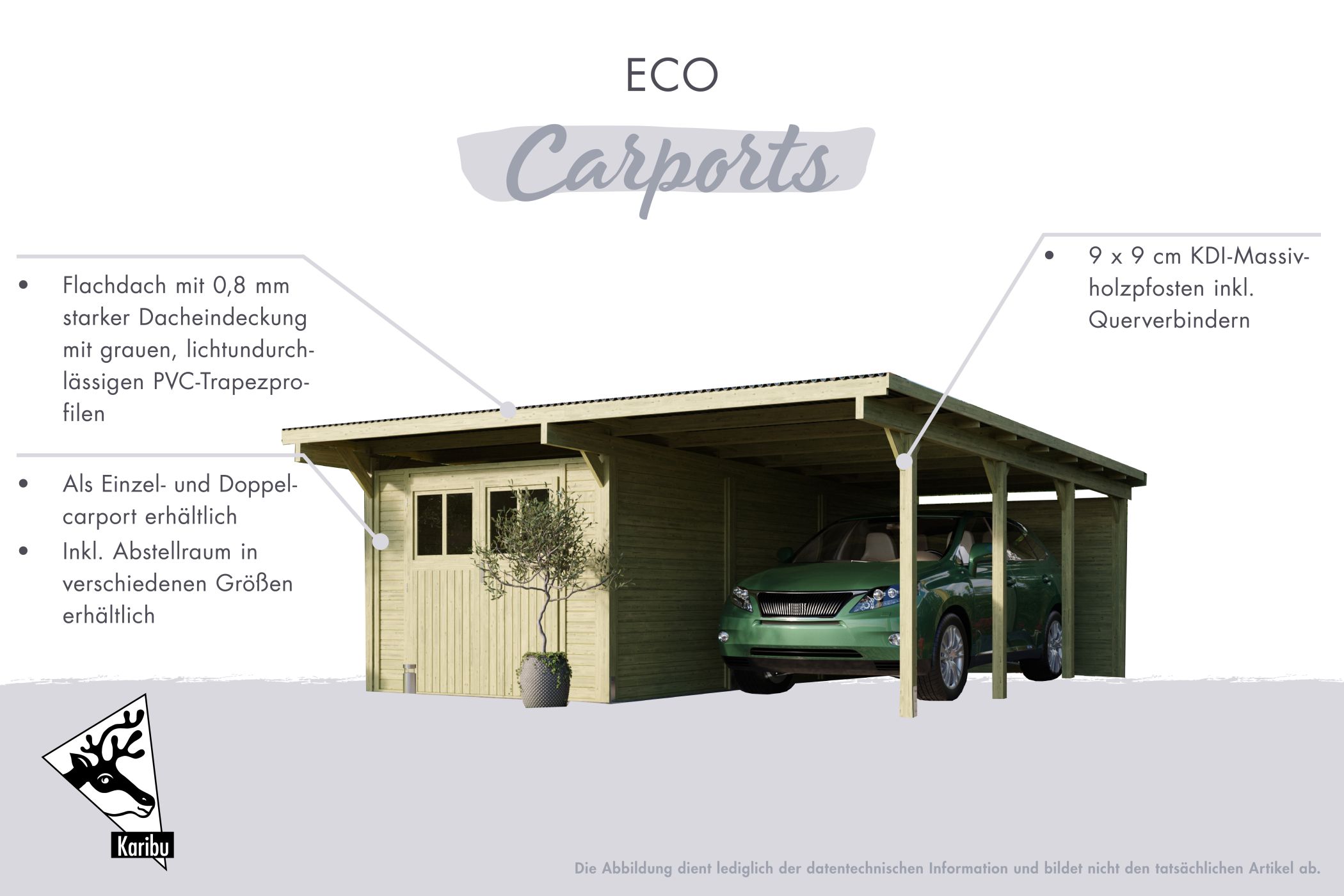 Karibu Einzelcarport BASIC 1 aus KDI-Massivholz mit Flachdach im Garten aufgebaut
