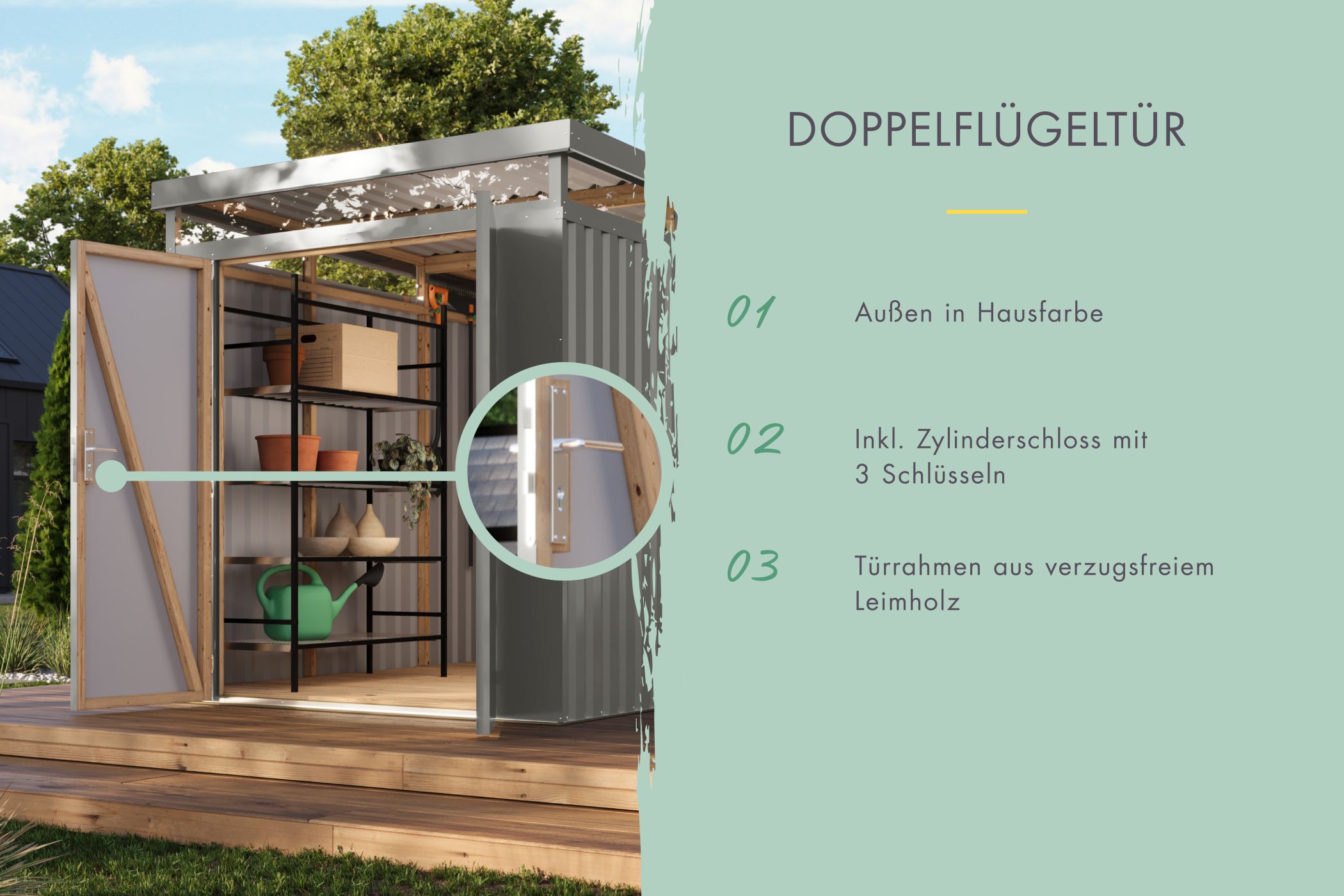 Doppelflügeltür des Karibu großes Gerätehaus aus Metall Aurum 3,5 mit Zylinderschloss und Kunstglas