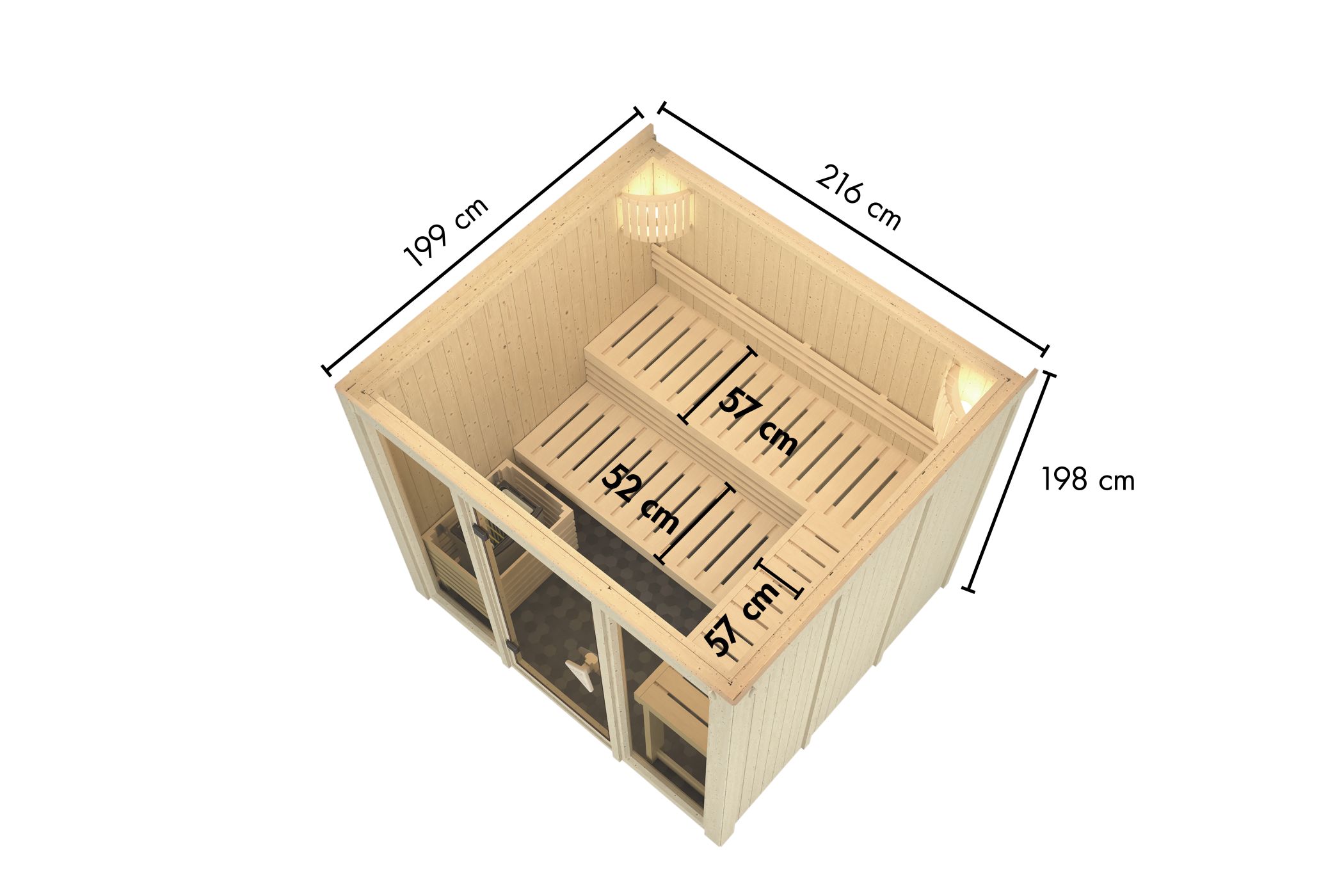 Maßzeichnung der Karibu Sauna Avari 4 mit Außenmaß 216 × 199 cm und Höhe 198 cm
