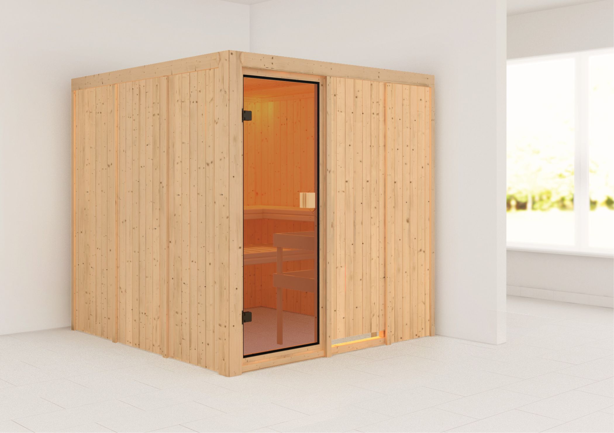 Außenansicht der Karibu Sauna Oulu aus nordischer Fichte mit Ganzglastür und Fronteinstieg
