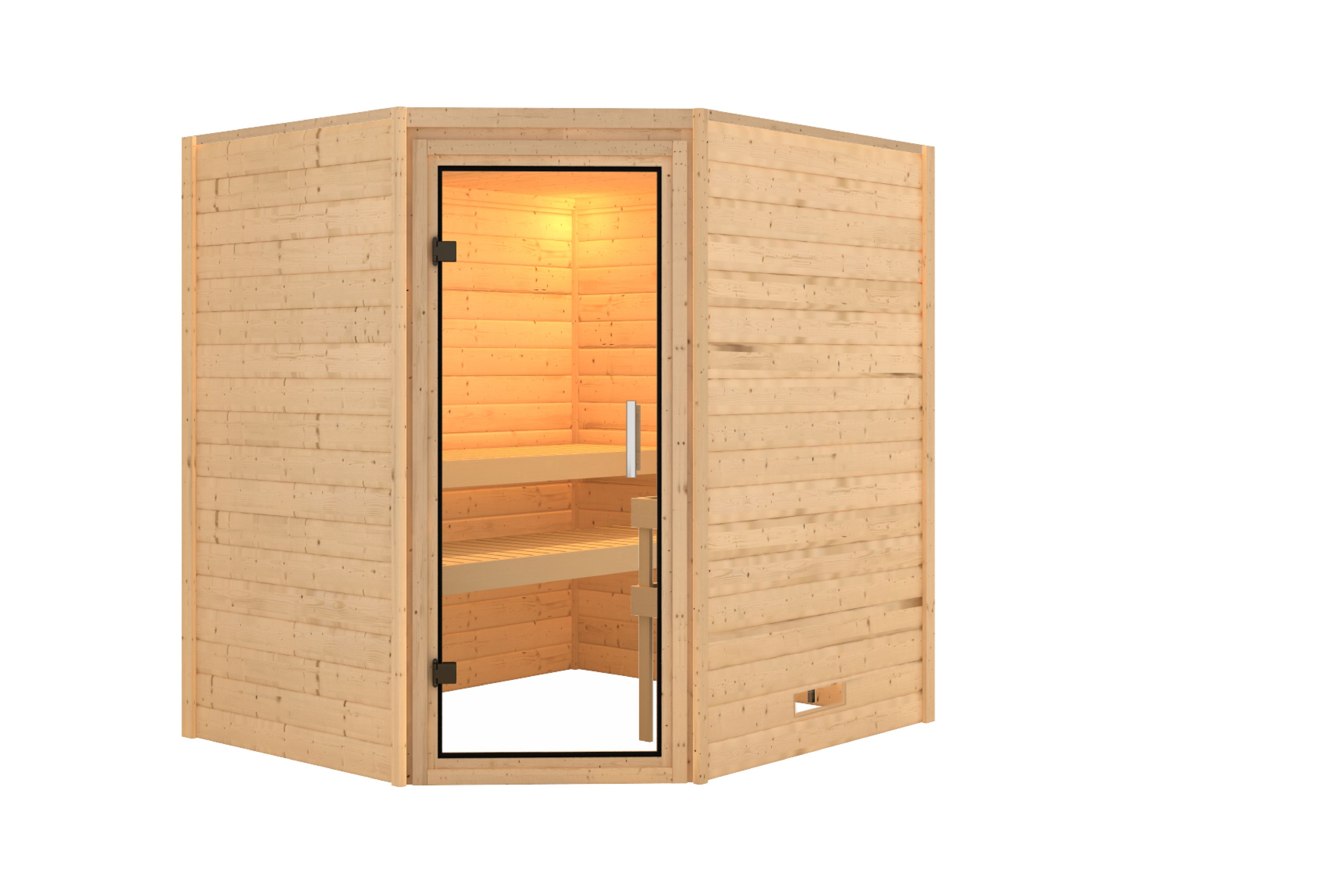 Innenansicht der Karibu Sauna Mia mit Liegen und Kopfstütze aus hellem Espenholz