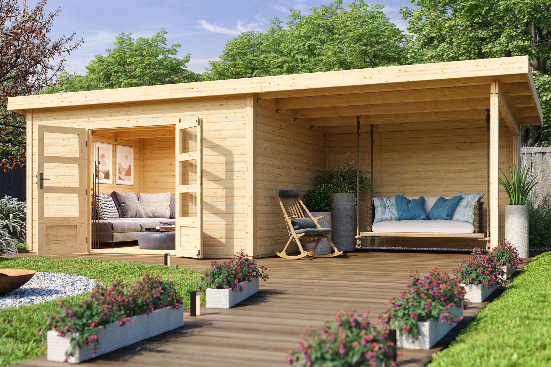 Karibu Gartenhaus Northeim 4 in Naturbelassen und Anbaudach im Garten