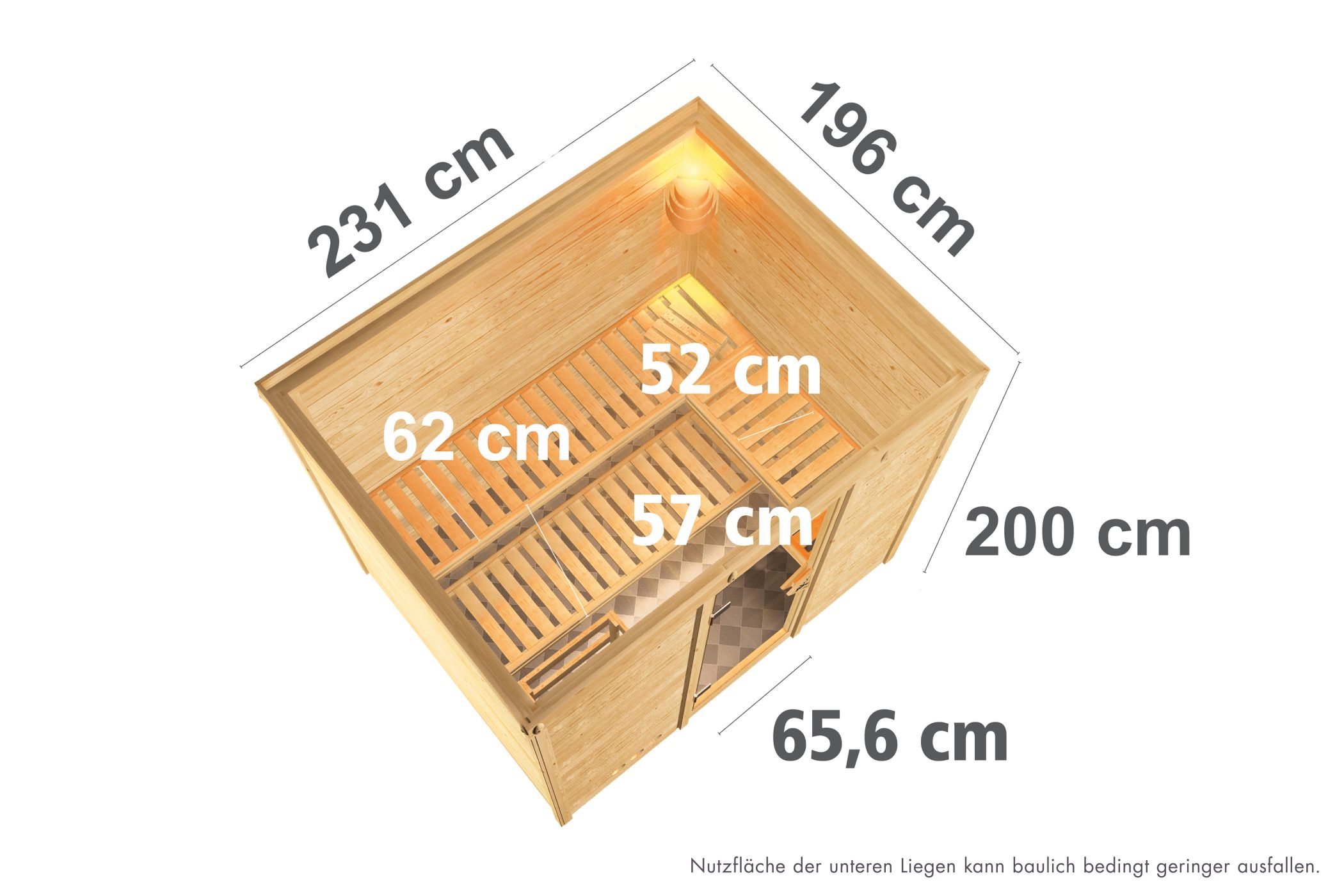 Maßzeichnung der Karibu Sauna Sonara mit Außenmaß 231 × 196 cm und Höhe 200 cm