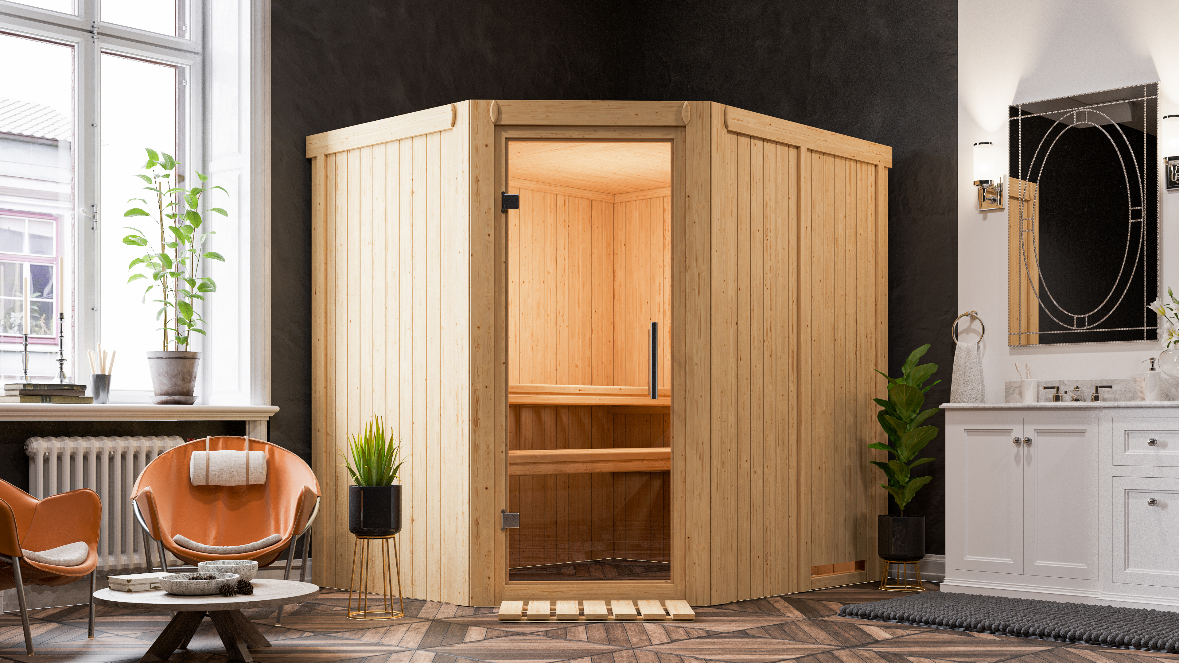 Karibu Sauna Siirin als stimmungsvoller Wellnessbereich in einem modern eingerichteten Wohnraum