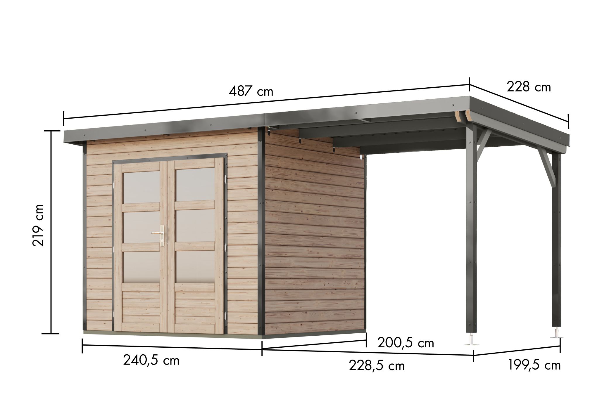 Bemaßte Maßzeichnung des Karibu Gartenhaus Holz & Metall Pluto 2 mit Anbaudach, 487 × 228 cm