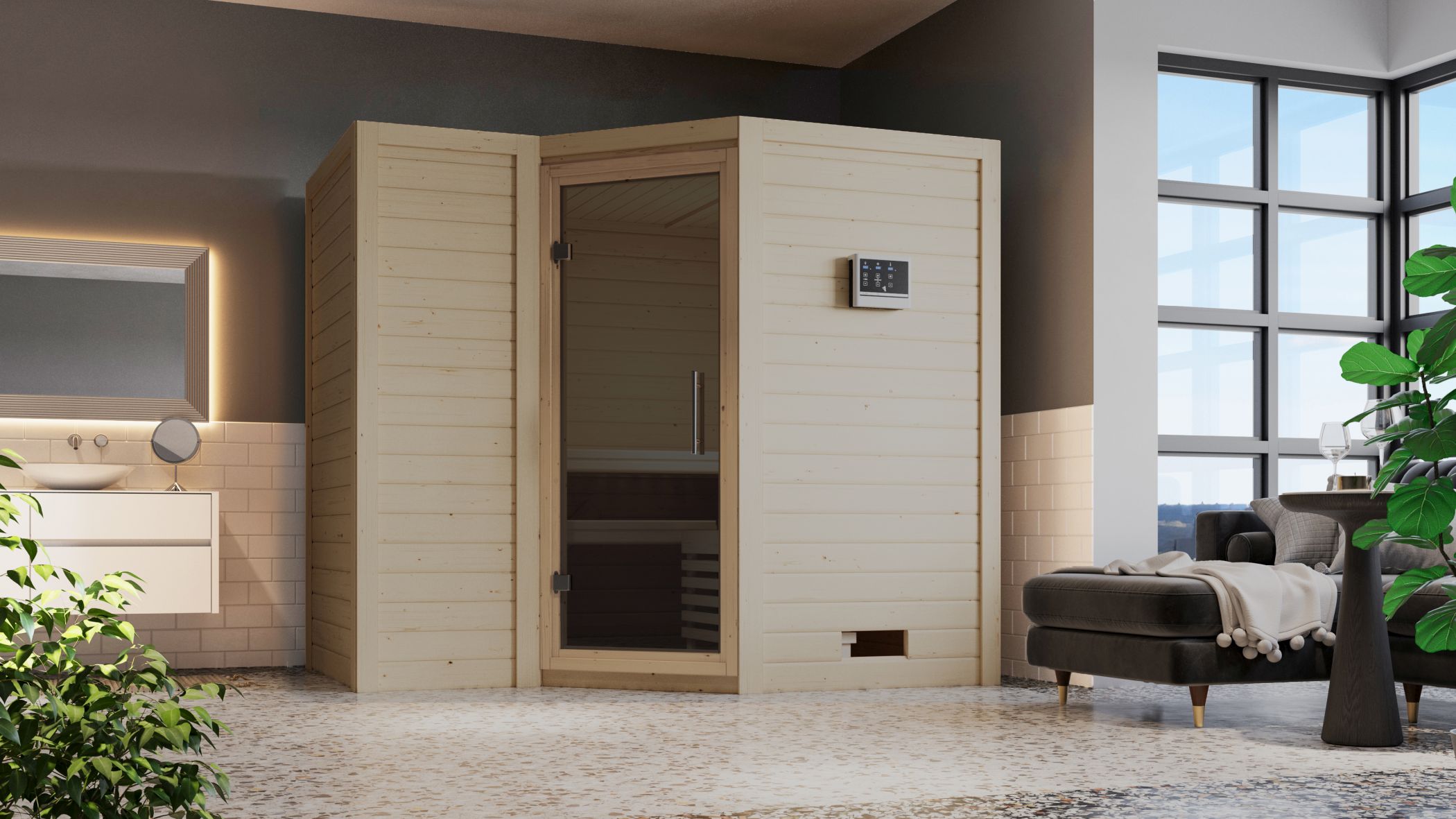 Karibu Sauna Sahib 2 als hochwertige Sauna aus nordischer Fichte im Wohnraum-Ambiente