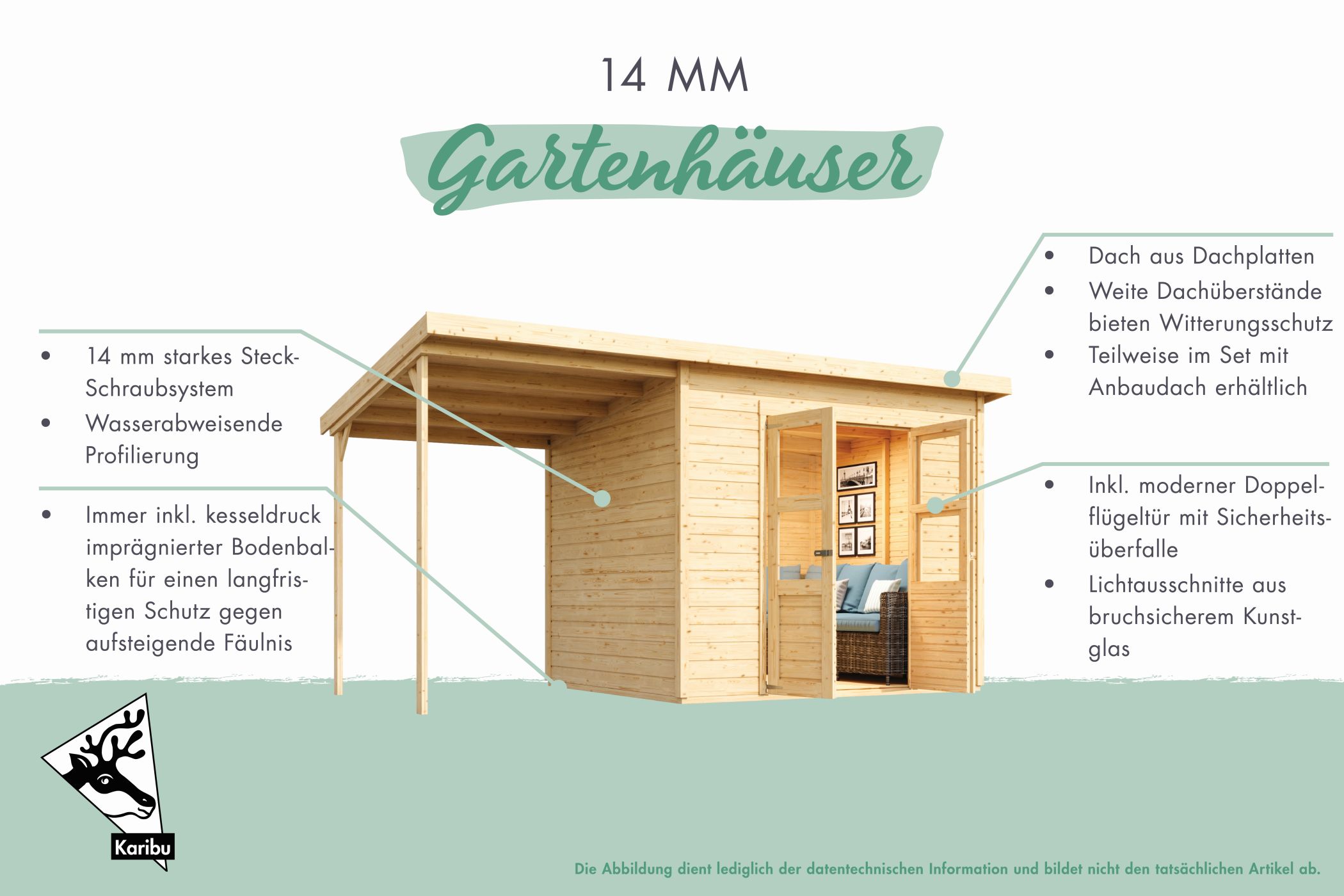 Ausstattungsübersicht des Karibu Gerätehaus Merseburg 4 in 14-mm-Blockbohlenbauweise mit Doppelflügeltür und Massivholzdach