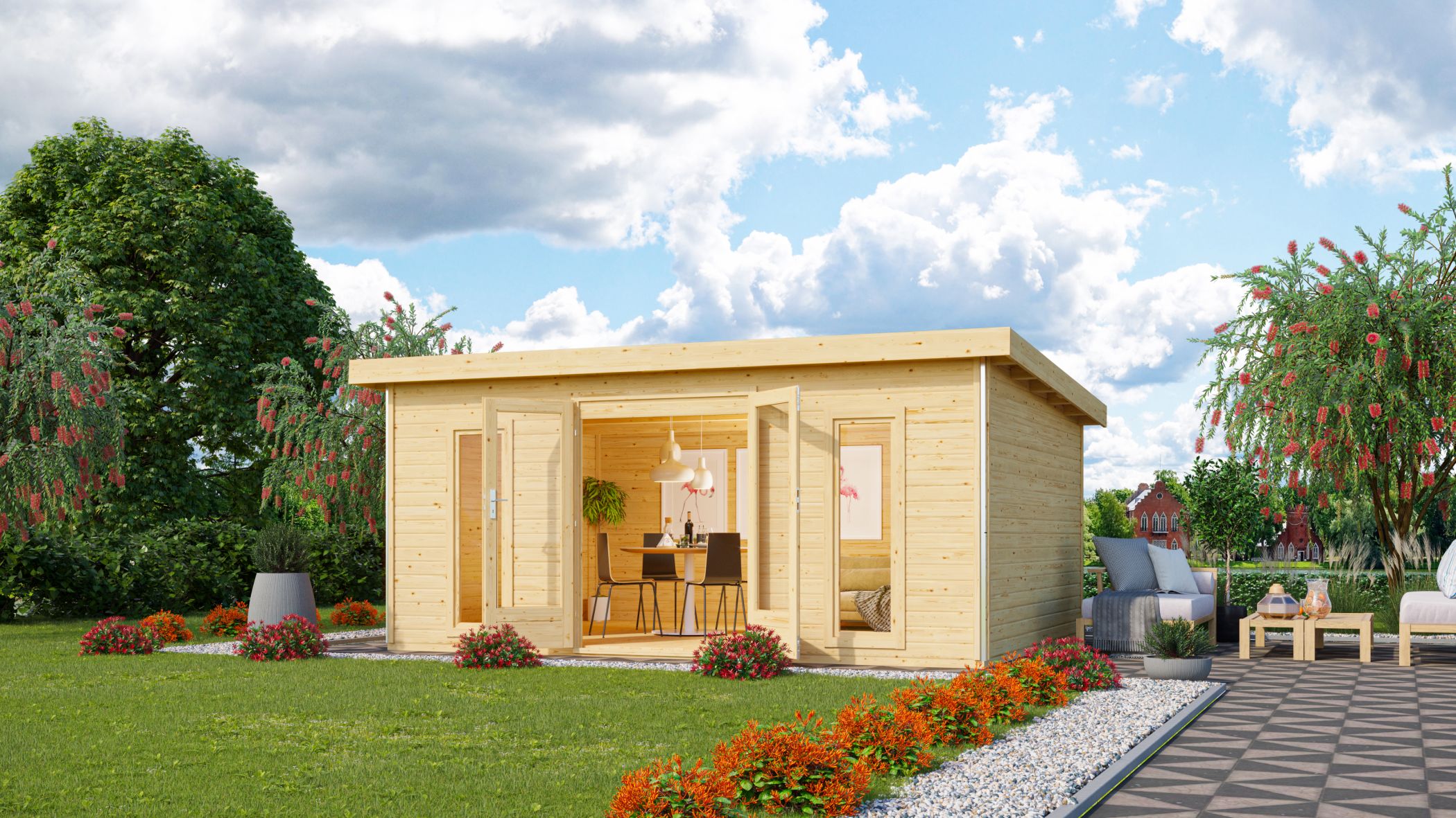 Karibu großes Poolhaus Radeburg 4 aus Holz, im Garten aufgebaut