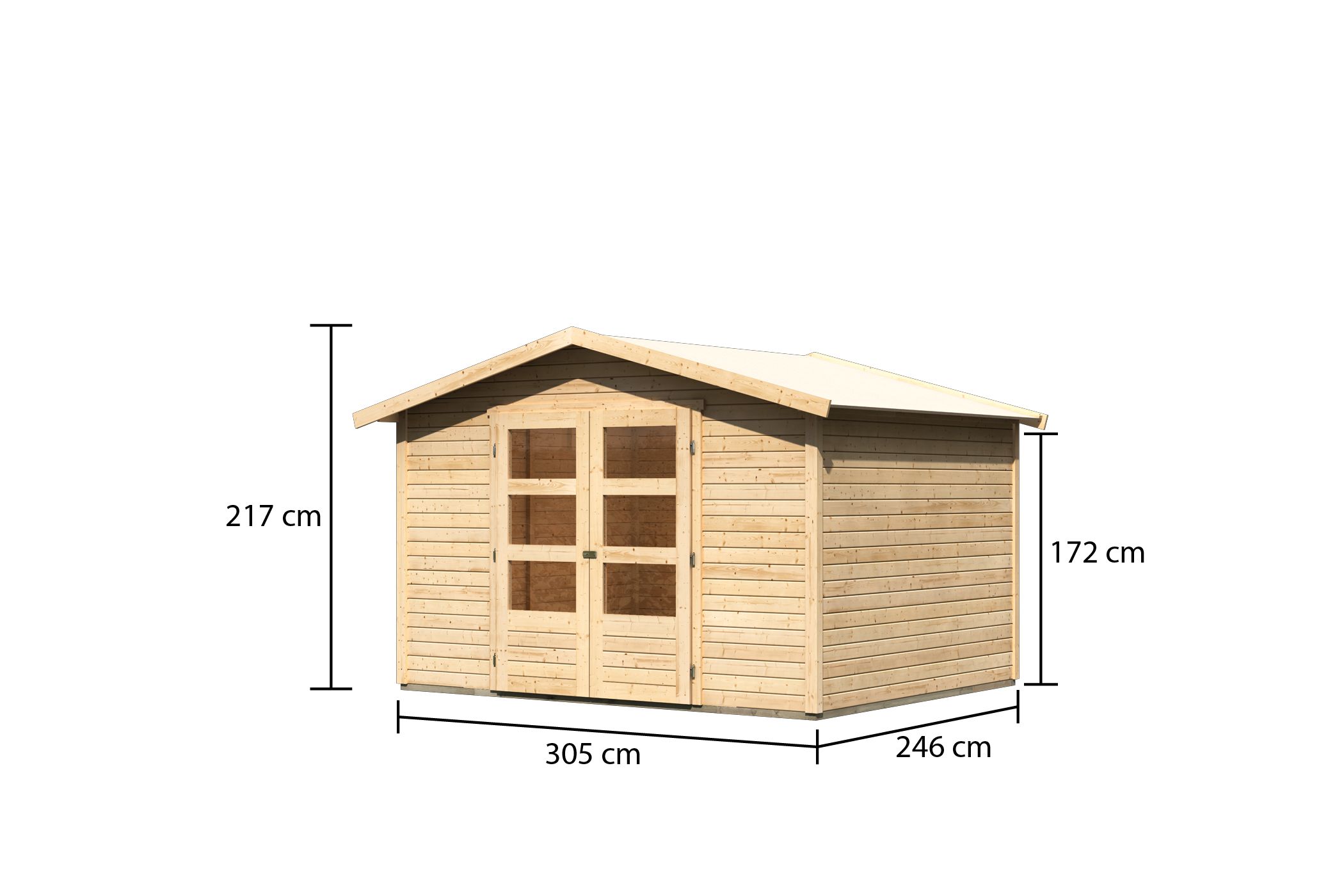 Bemaßte Maßzeichnung des Karibu großes Gerätehaus Amberg 5, 305 × 246 cm