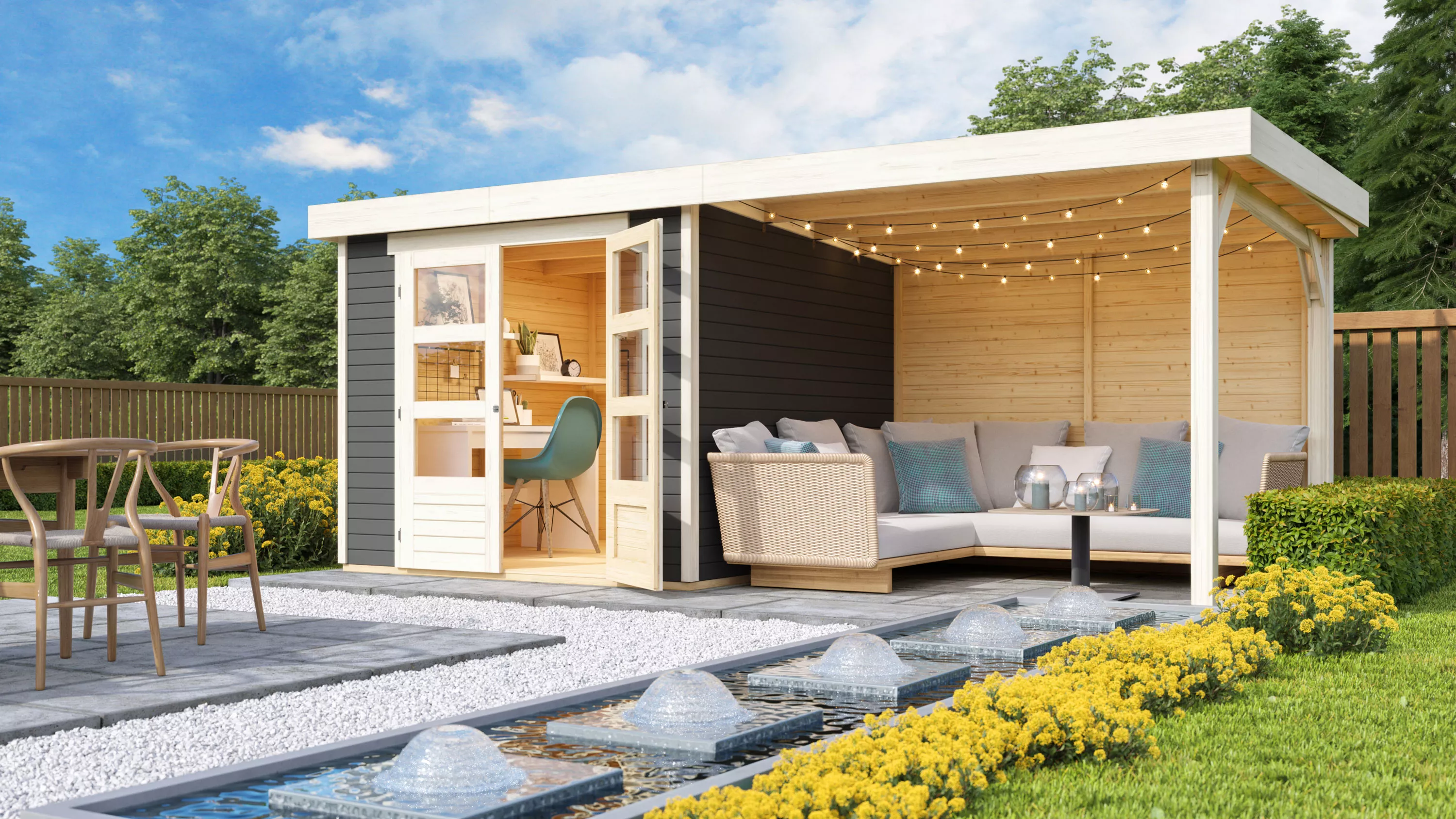 Karibu Gartenhaus Askola aus Massivholz, im Garten aufgebaut
