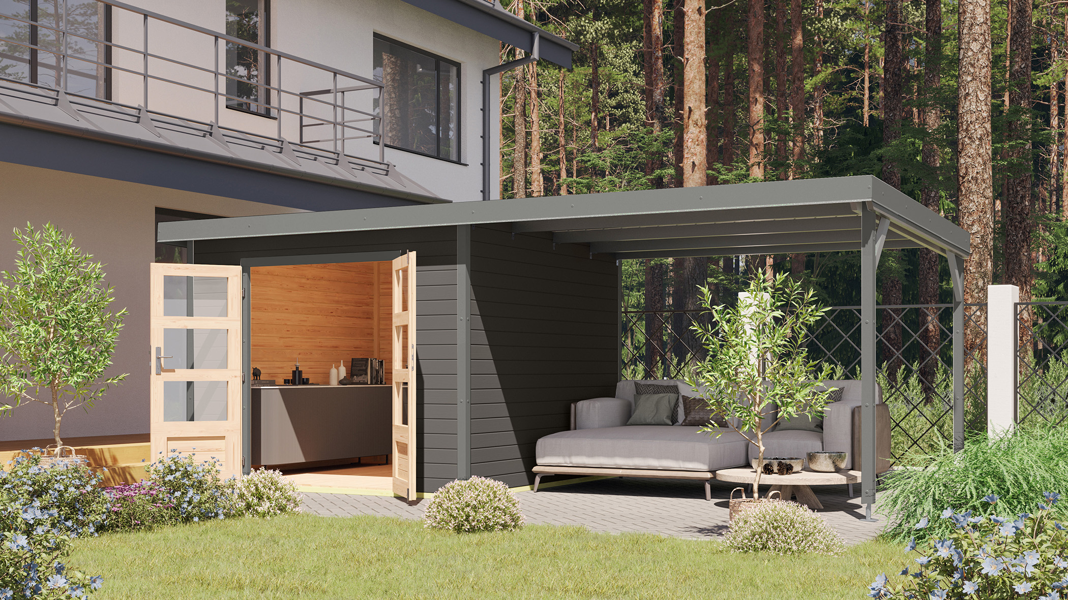 Karibu Gartenhaus Holz & Metall Pluto 6 in Terragrau mit Metall in Graualuminium und Anbaudach im Garten