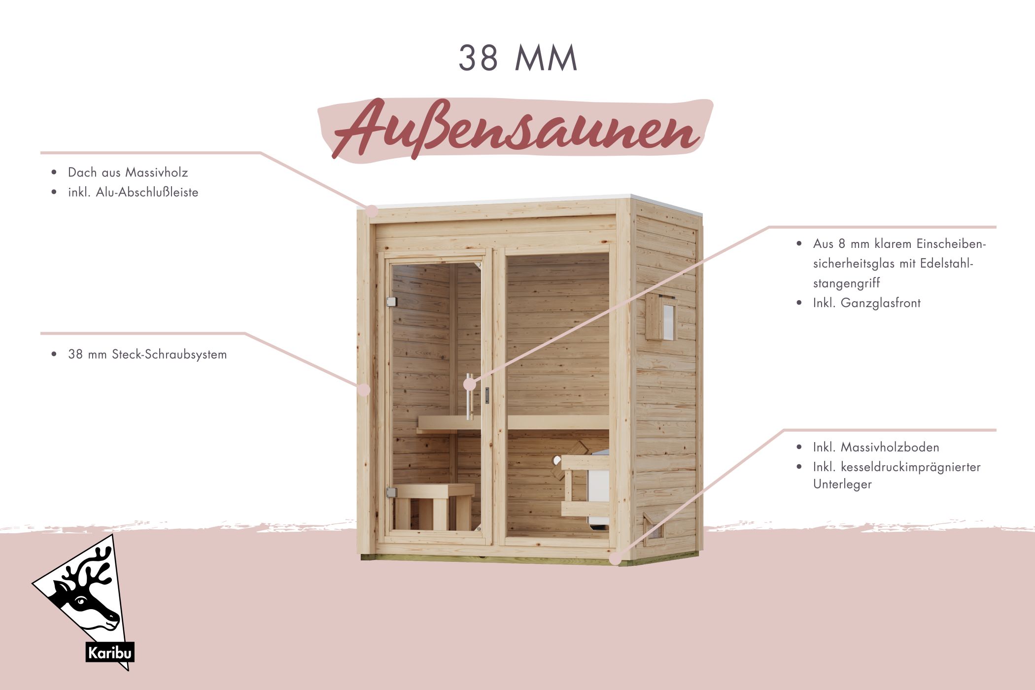 Karibu Saunahaus Hycore 3 als Gartensauna aus Massivholz im Garten mit Glasfront