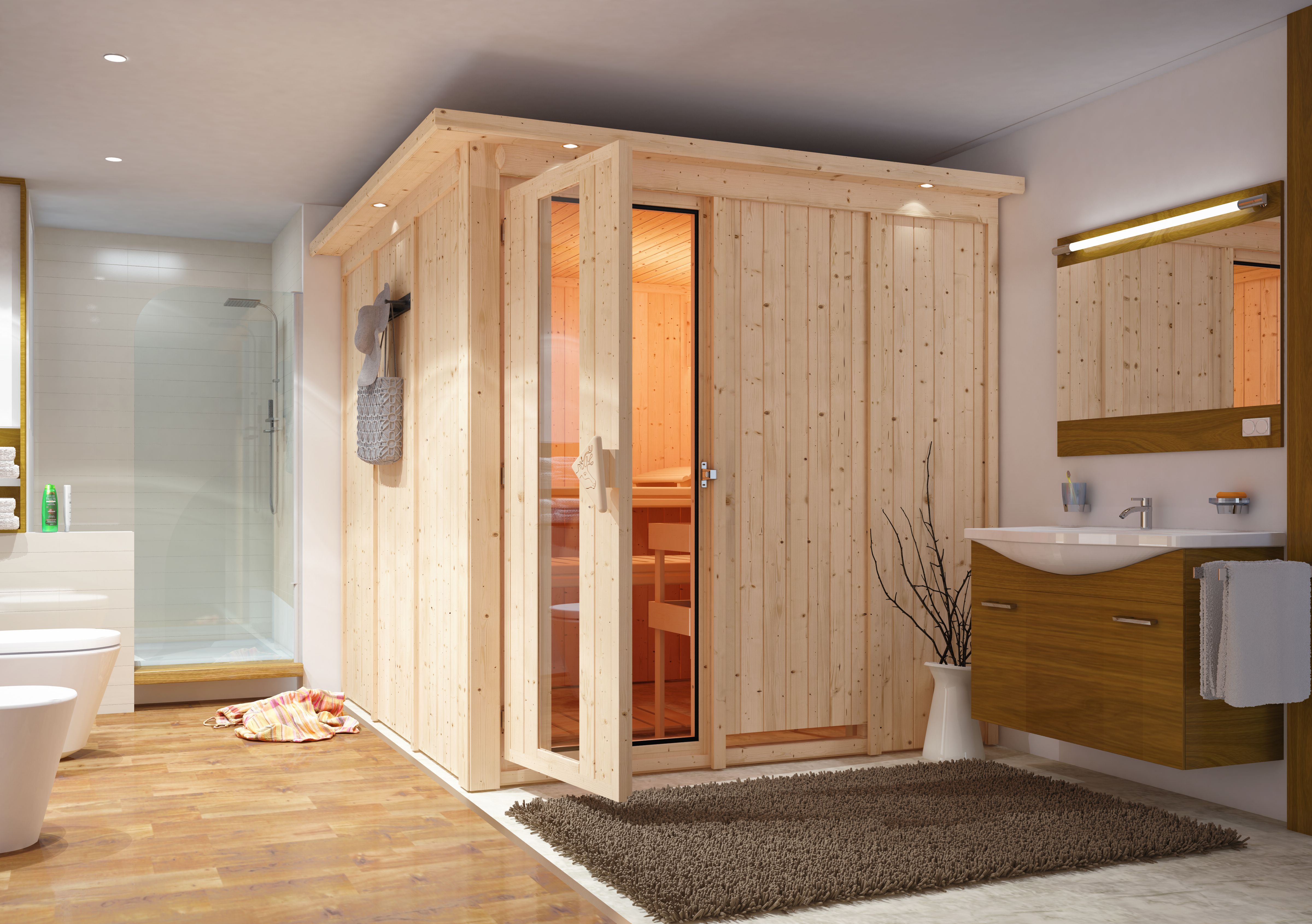 Karibu Sauna Rodin als stimmungsvoller Wellnessbereich in einem modern eingerichteten Wohnraum