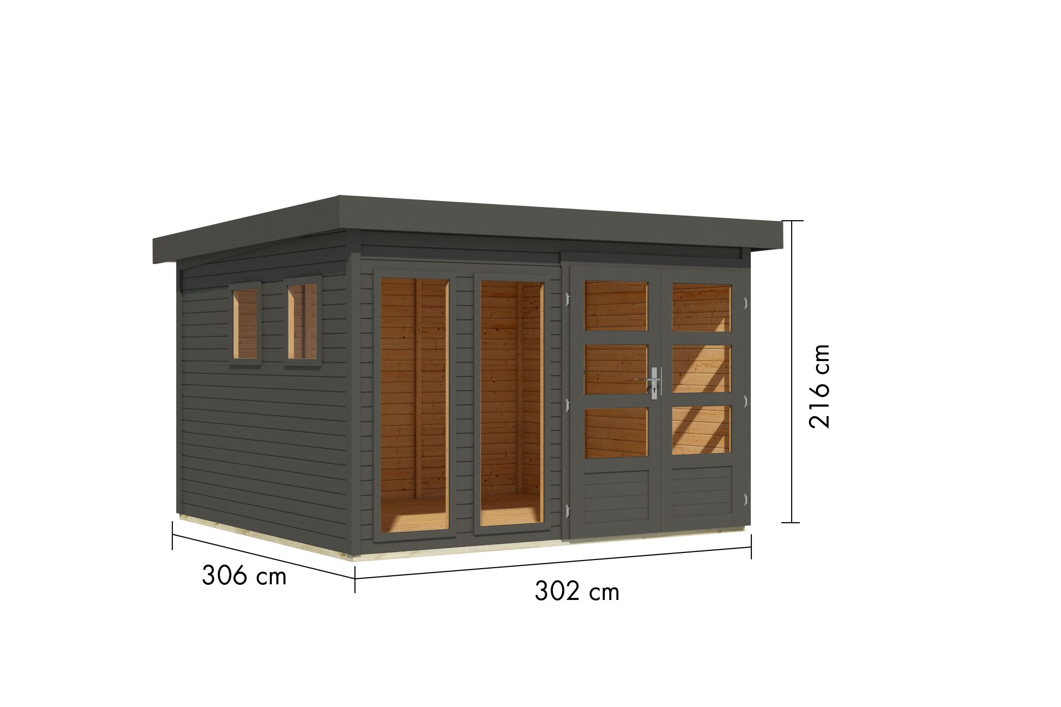 Bemaßte Maßzeichnung des Karibu großes Gerätehaus Lahar 6, 302 × 306 cm