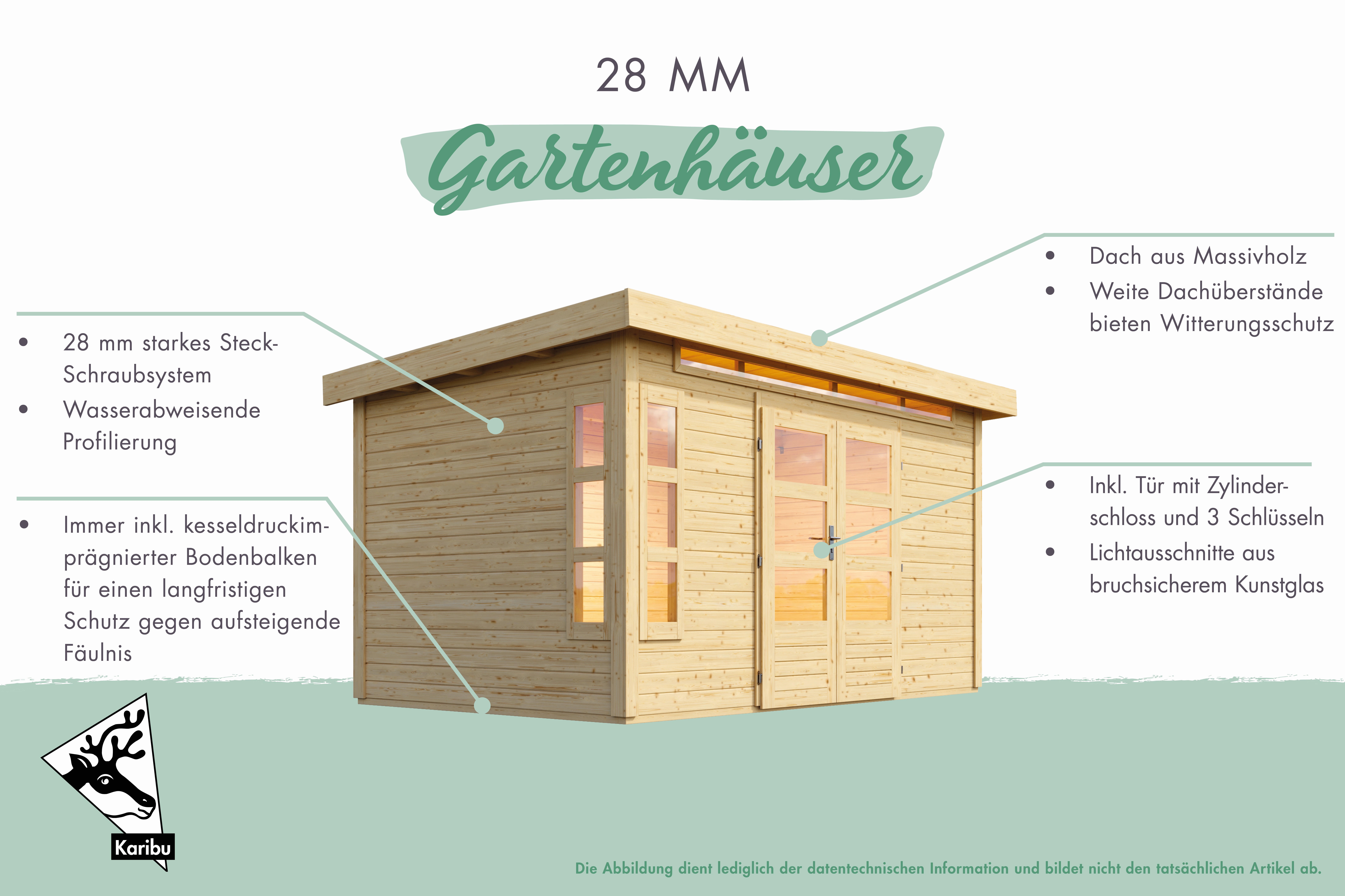 Karibu Gartenhäuser aus 28 mm Massivholz mit Steck-Schraubsystem und Doppelflügeltür