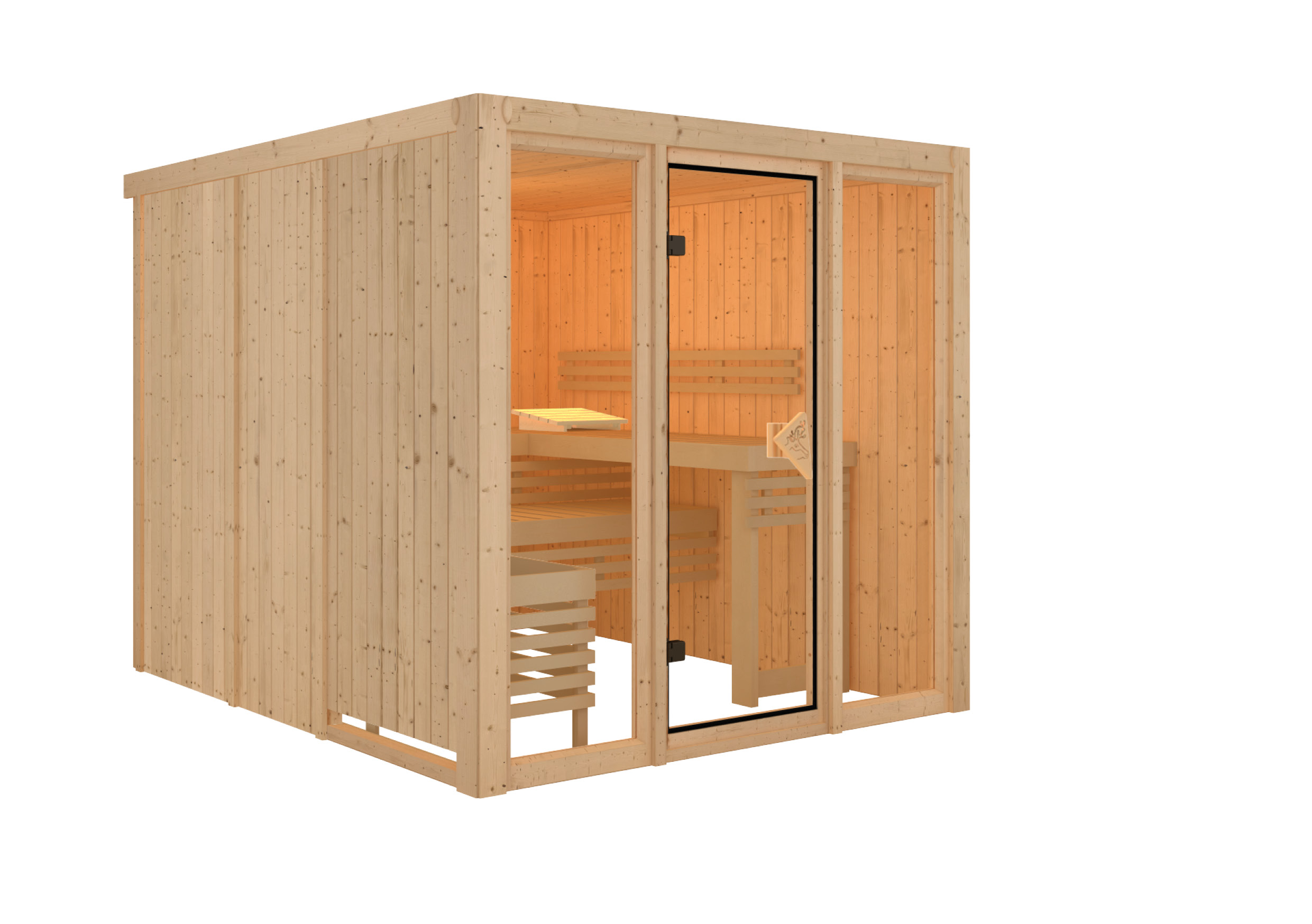 Innenansicht der Karibu Sauna Askja mit Liegen und Kopfstütze aus hellem Espenholz