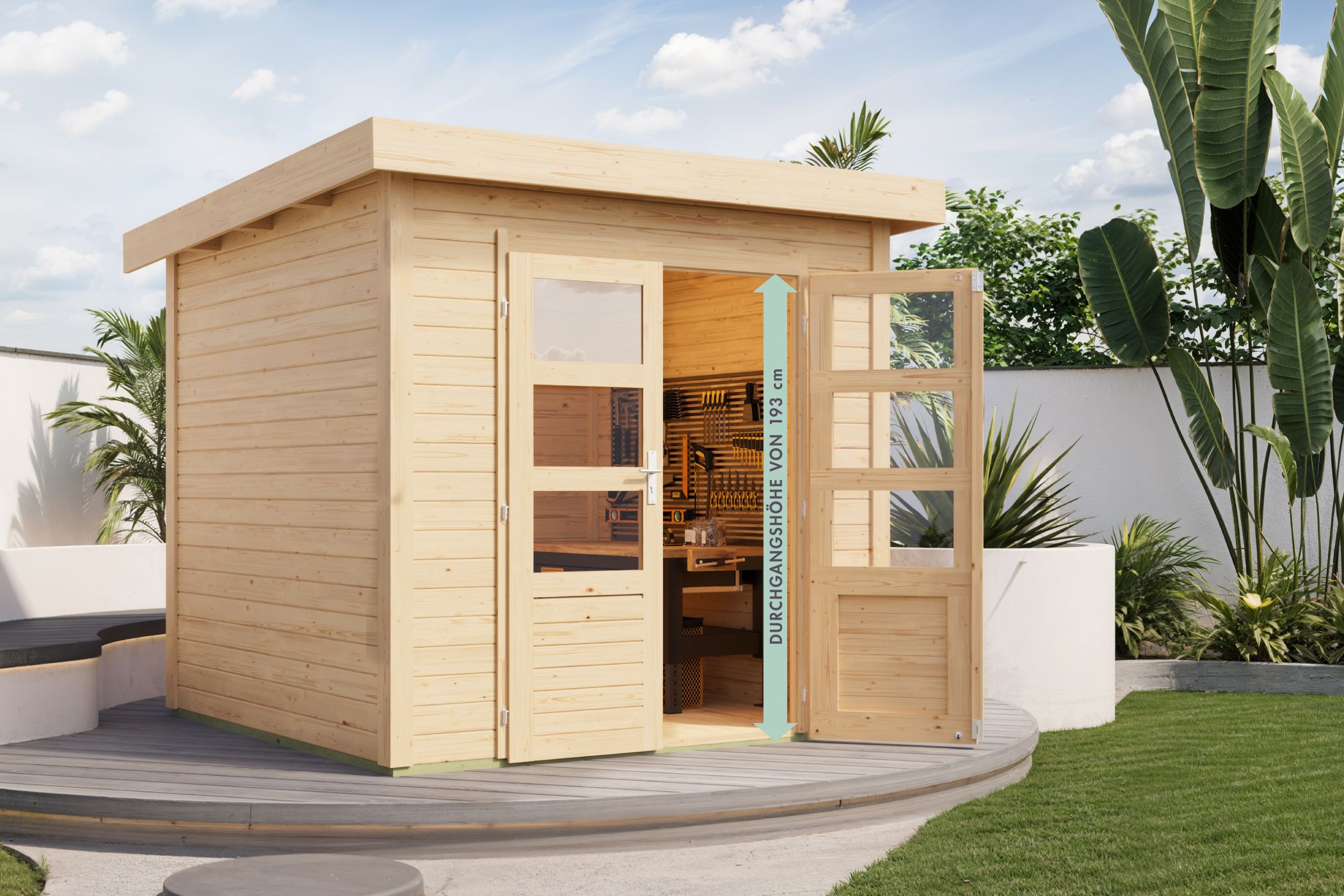 Karibu Gartenhaus Kolbin 2 XXL (Extra hohe Tür) in Naturbelassen im Garten