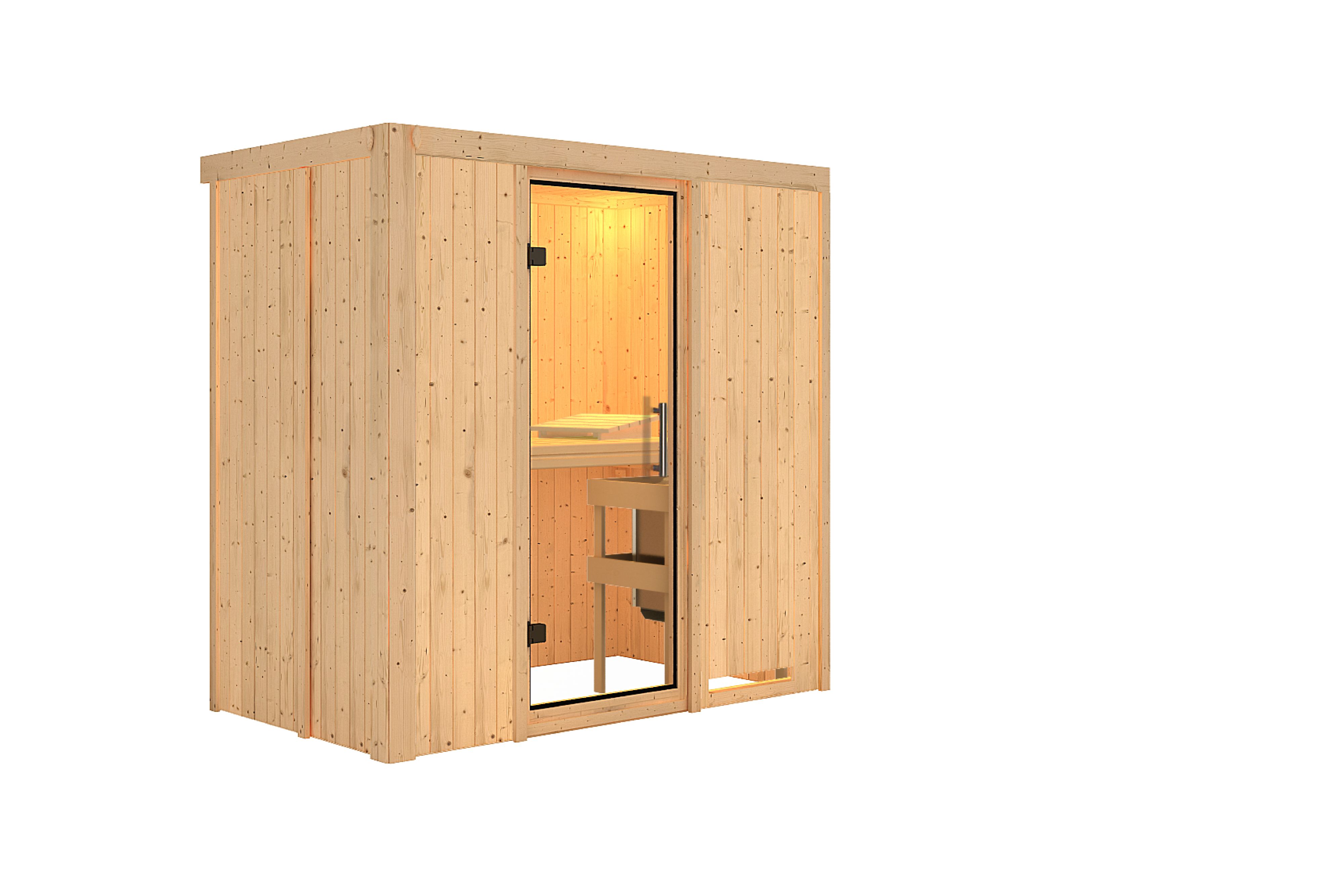 Innenansicht der Karibu Sauna Variado mit Liegen und Kopfstütze aus hellem Espenholz
