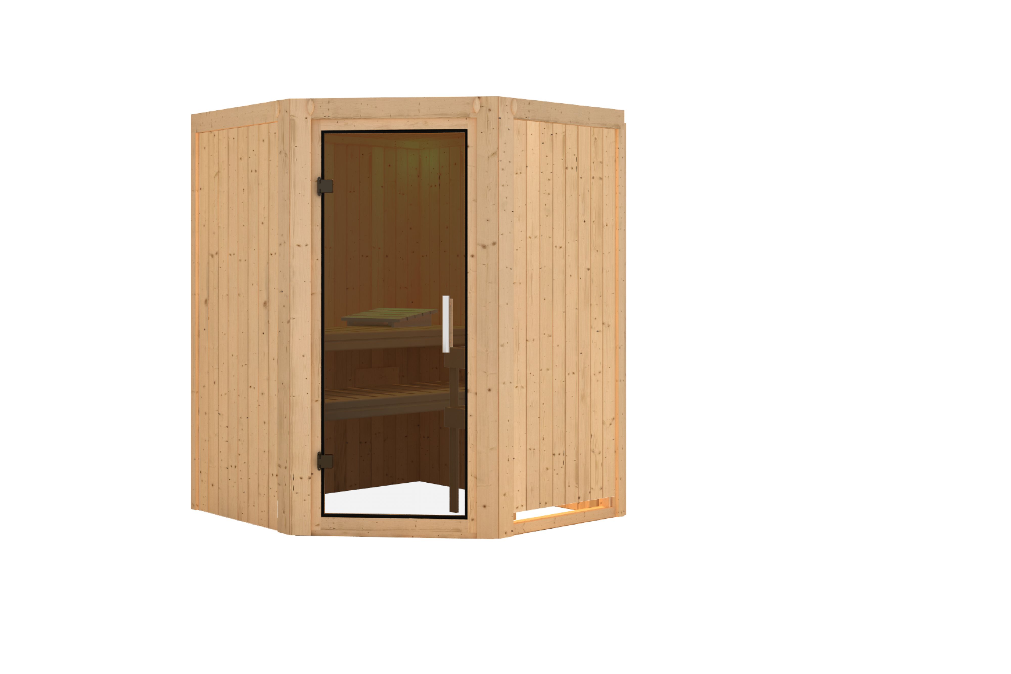 Innenansicht der Karibu Sauna Larin mit Liegen und Kopfstütze aus hellem Espenholz