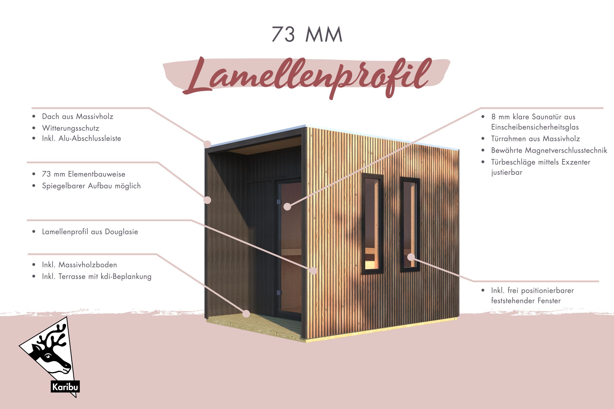 Karibu Saunahaus Laguna Douglasie als Gartensauna aus Massivholz im Garten mit Glasfront