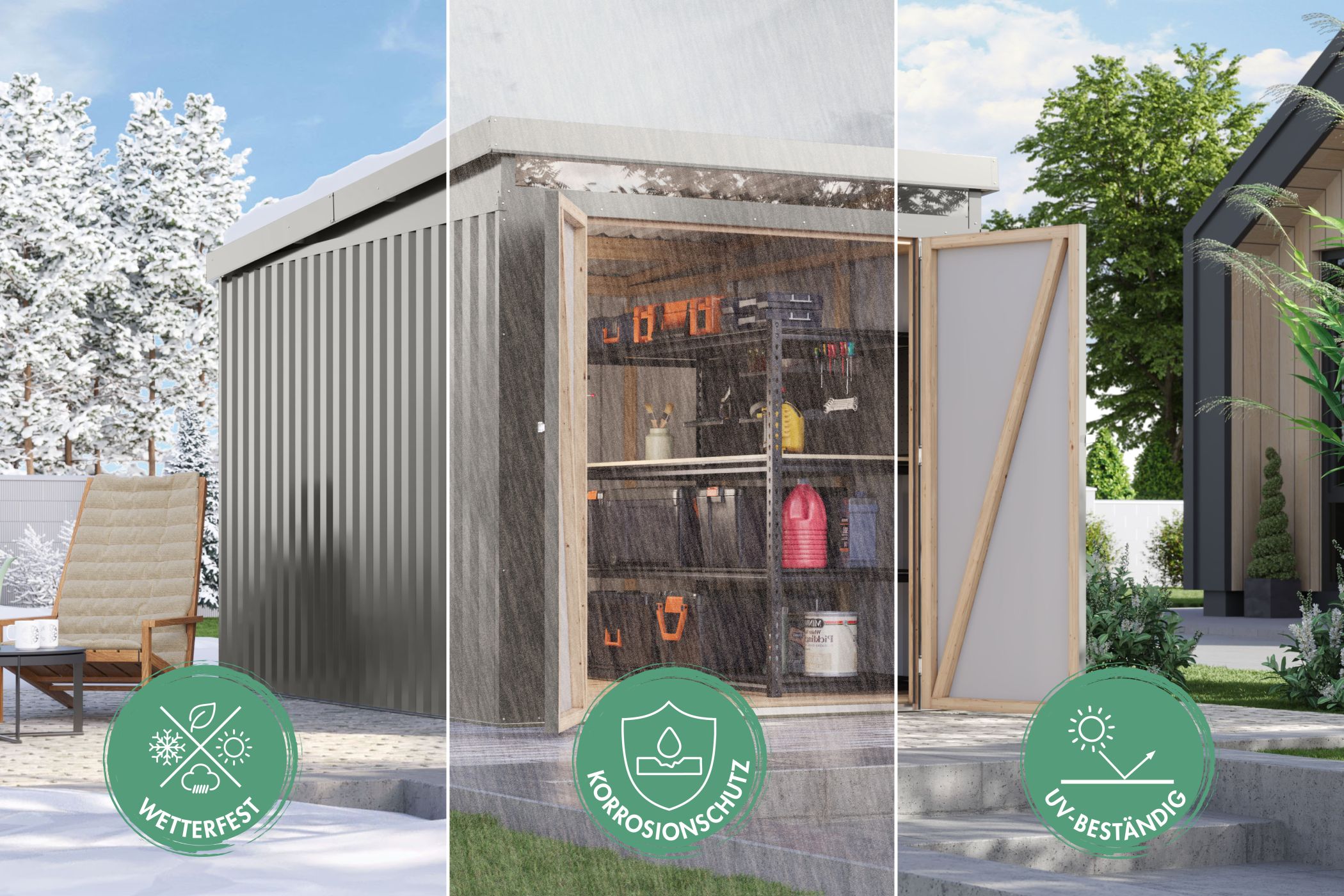 Karibu Gerätehaus aus Metall Aurum 3 in Graualuminium im Garten