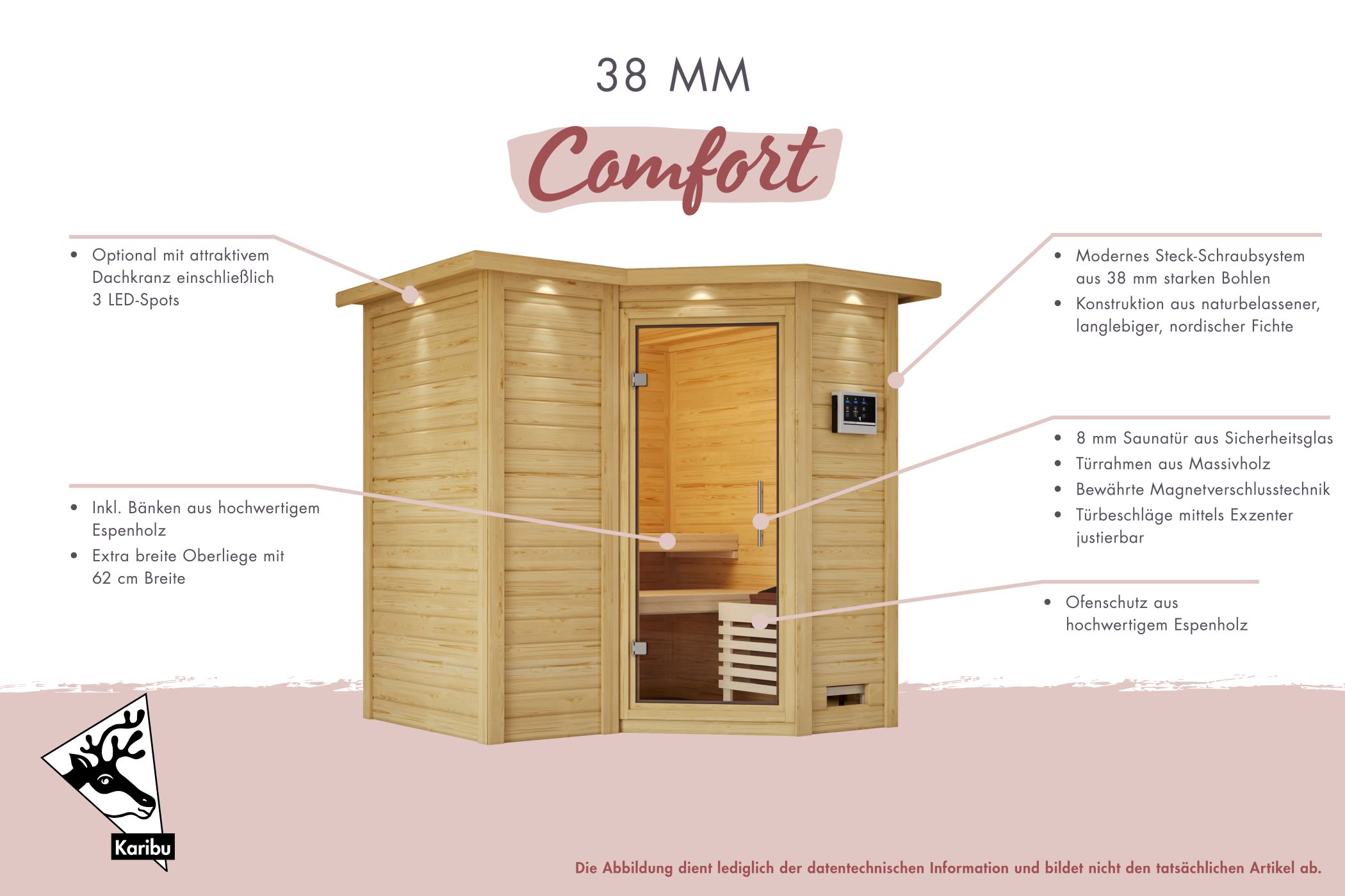 Außenansicht der Karibu Sauna Amara aus nordischer Fichte mit Ganzglastür und Fronteinstieg