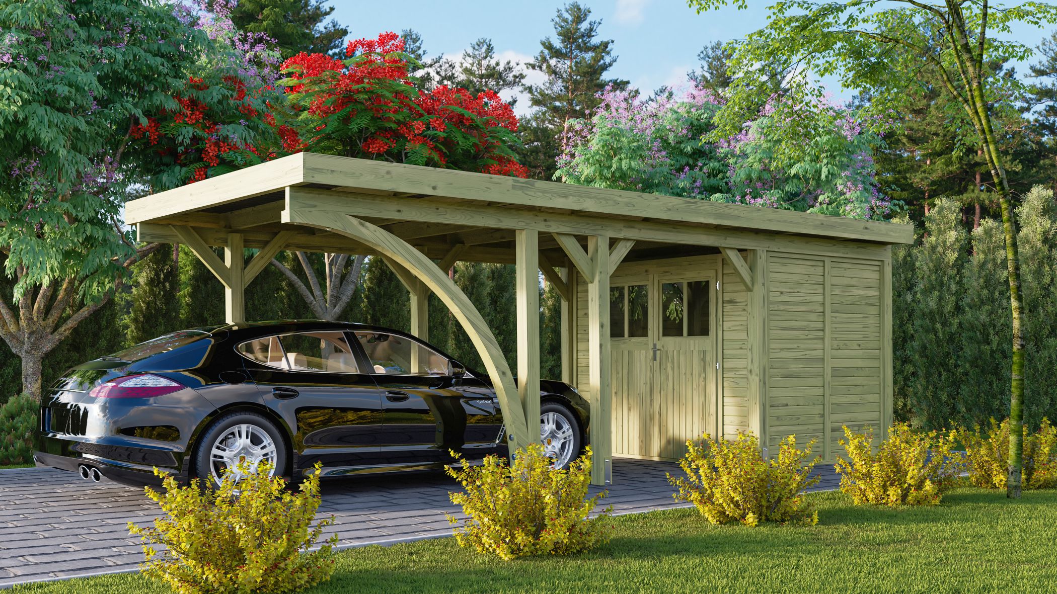 Karibu Einzelcarport Classic 2 aus KDI-Massivholz mit Flachdach im Garten aufgebaut